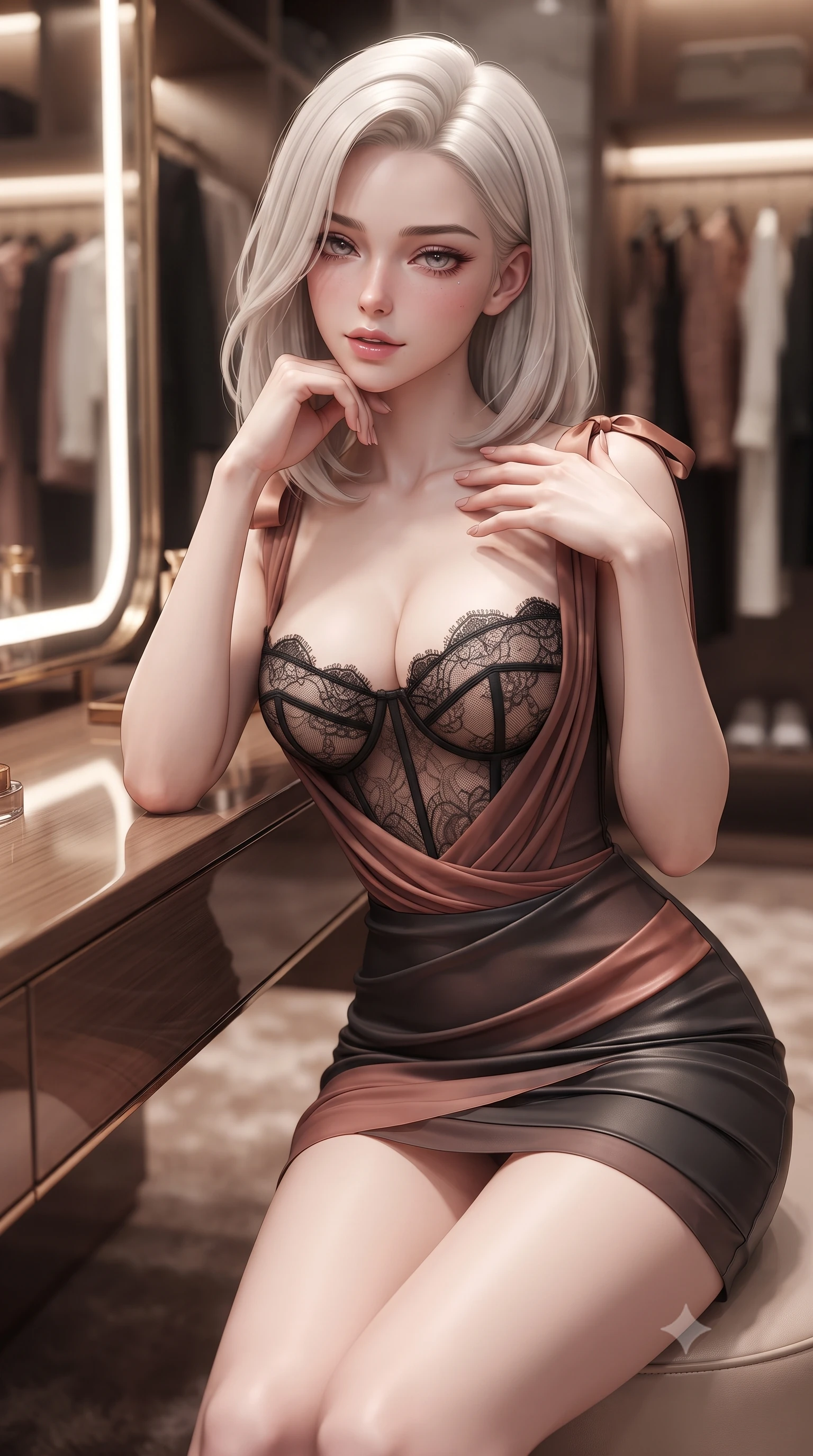 score_9, masterpiece, best quality, ultra-detailed, high-budget anime keyframe, editorial fashion photography, tasteful artistic composition, Caucasian woman. close-up cowboy shot from the waist and thighs up, the character dominates the composition, filling the frame with her large presence. resting one elbow on the table and supporting her chin, leaning close to the camera with heavy-lidded sparkling eyes and parted lips while turning slowly toward the mirror with a teasing half-smile, running one manicured hand lightly along her collarbones with magnetic allure. The background shows a soft-focus plush silk carpeting softened in ultra-exclusive high-fashion dressing suite shallow focus. She has an exceptionally elegant, slender, and willowy female figure with an ultra-slim waist, flat toned midriff, narrow ribcage, and sculpted feminine hips creating an alluring, slim hourglass silhouette without bulk. sharp v-shaped jawline, high-bridge nose, intricate jewel-like sparkling eyes with depth, thick eyelashes, glossy parted lips with a natural peach sheen, bright cheerful beaming smile with an enchanting and coquettish sensual glint, exuding both youthful cute charm and seductive allure, flawlessly proportioned anatomical accuracy, strict slender model proportions, natural body alignment, perfectly sculpted long slender limbs, ultra-slim waistline, clean dynamic posture without body distortion. wearing a sculpted semi-sheer bustier dress in black lace with exposed boning and a draped chiffon mini skirt in sultry copper rose and deep shadow charcoal, woven from buttery-soft stretch lambskin leather adhering to her body like a second skin, finished with satin ribbon ties at the shoulders fluttering in the gentle breeze, the form-contouring silhouette accentuating her sculpted flat midriff, narrow delicate ribcage, and gracefully curvy hips with intoxicating allure. bathed in soft 3000K cove downlights and radiant vitrine display backlights. ultra-reflective glossy finish, specular highlights, rich textural contrasts, high-contrast stereoscopic depth, volumetric dynamic lighting, 2k, ultra detail, master piece, 9:16 ratio