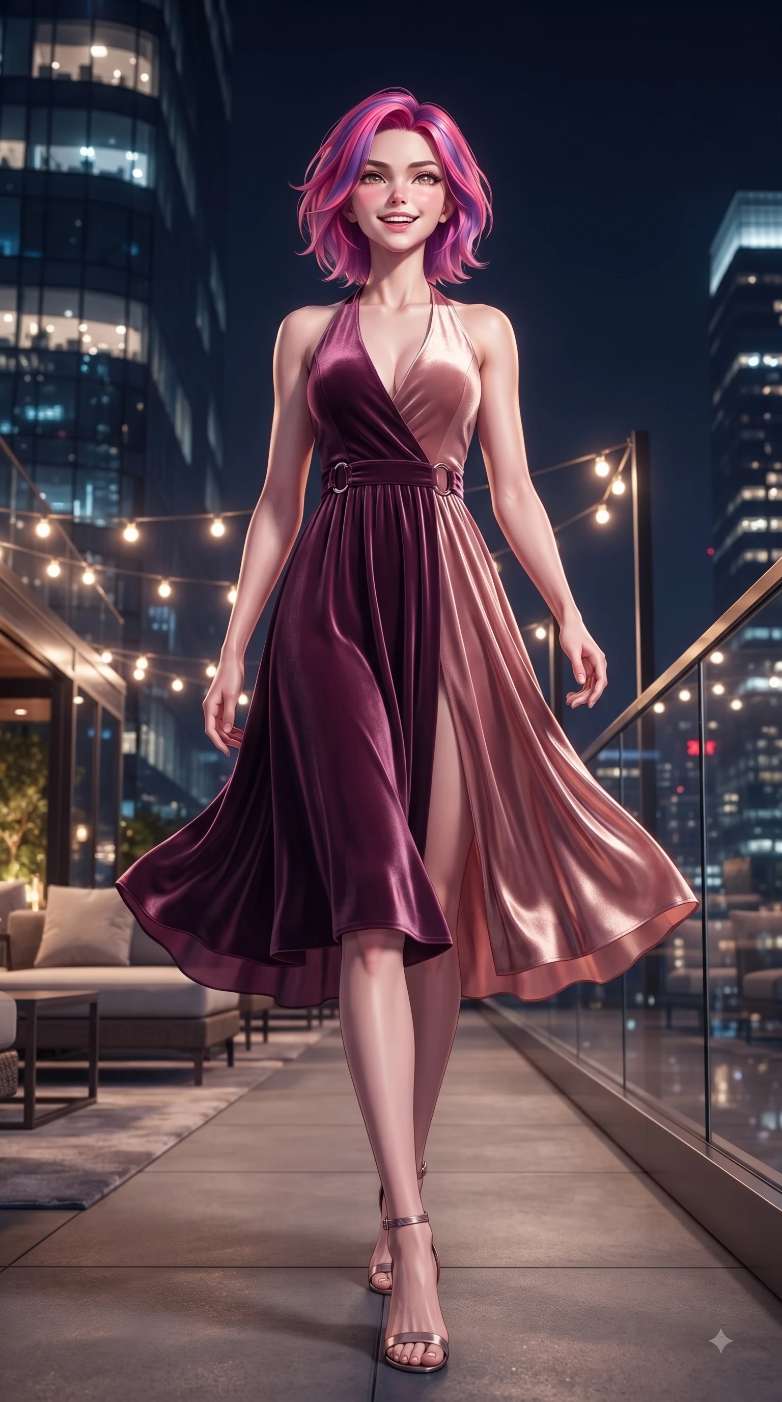 score_9, masterpiece, best quality, ultra-detailed, high-budget anime keyframe, editorial fashion photography, tasteful artistic composition, Caucasian woman. low angle full-body shot from head to toe showing her feet, filling the entire 9:16 vertical frame with her statuesque presence, stretching her vertical silhouette. walking forward in a proud dynamic stride with a cheerful beaming smile, her vertical silhouette filling the frame while lounging in a plush designer chair under warm ambient outdoor terrace lights. The surrounding environment is rendered in vivid detail and crisp panoramic clarity. glistening skyscraper glass facades, rooftop deck furniture, and glass railings in deep focus. She has an absolutely perfect, statuesque 8.5-heads proportion, an exceptionally tall and slender model-like female figure with impossibly long slender legs and an ultra-slim waist. sharp v-shaped jawline, high-bridge nose, intricate jewel-like eyes with depth, thick eyelashes, glossy lips with a natural sheen, flawlessly proportioned anatomical accuracy, natural body alignment, perfectly sculpted elegant limbs, clean dynamic posture without body distortion. wearing a velvet halter-neck midi dress fitting her statuesque contour flawlessly in rich plum purple and rose gold, crafted from lightweight fluid chiffon, accented with subtle metallic ring hardware framing her waist, the tailored fabric tightly following every curve of her athletic build. surrounded by a sophisticated, glamorous, and modern nightlife aura. ultra-reflective glossy finish, specular highlights, metallic sheen, high-contrast stereoscopic depth, volumetric dynamic lighting, 2k, ultra detail, master piece, 9:16 ratio