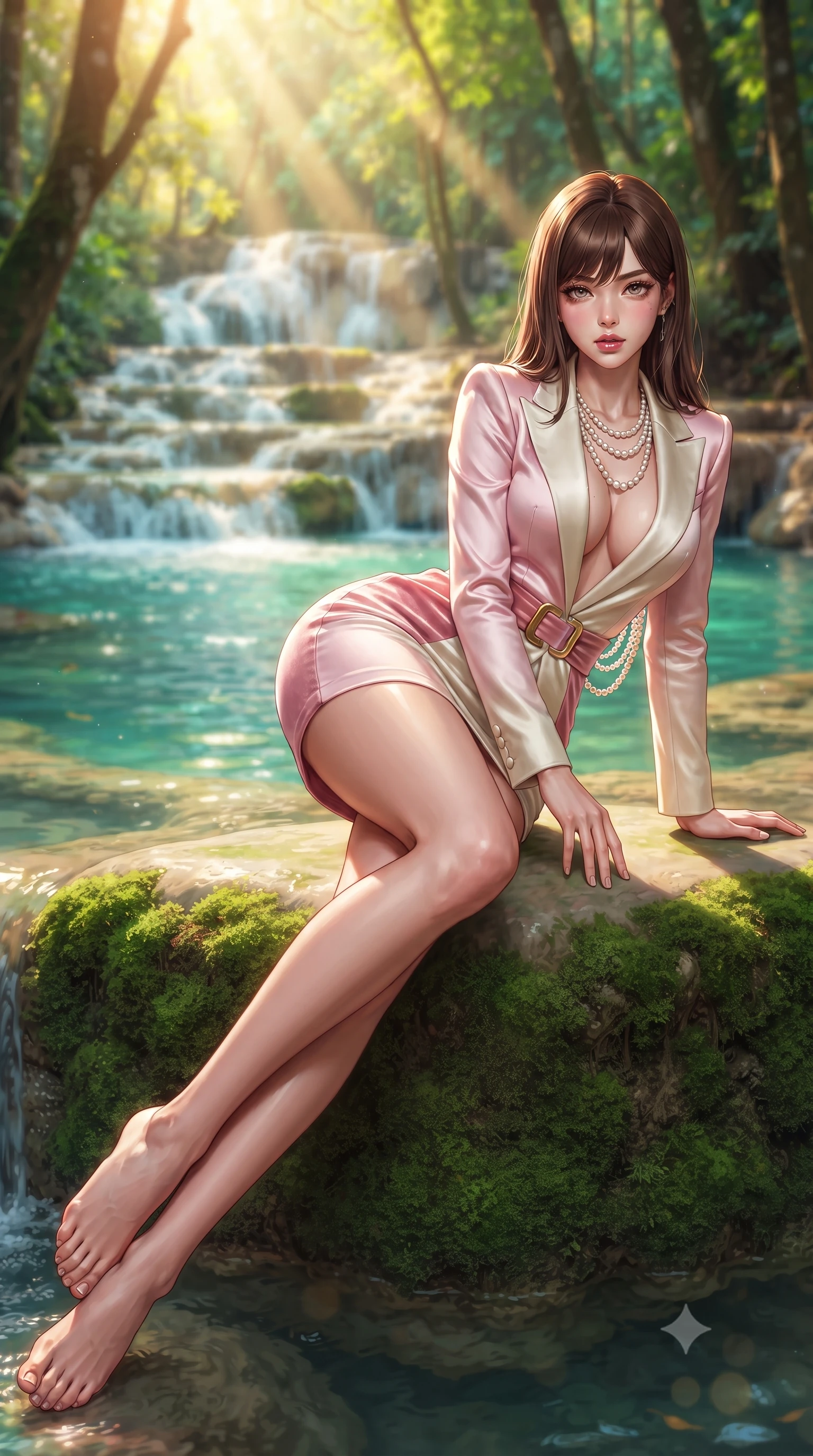 score_9, masterpiece, best quality, ultra-detailed, high-budget anime keyframe, semi-realistic 3D game render, editorial fashion photography, tasteful artistic composition, Korean woman. low angle full-body shot from head to toe showing her feet, filling the entire 9:16 vertical frame with her statuesque presence, stretching her vertical silhouette. leaning deep against the structural architecture with hips cocked in an unapologetically bold, seductive high-fashion stance while reclining on a smooth moss-covered limestone ledge propped on one elbow, her flat midriff and willowy curves bathed in dappled forest sunlight. The composition keeps background elements in soft focus with creamy bokeh. cascading tiered waterfalls and glowing travertine pools blurred into vibrant turquoise, jade, and golden sunbeam bokeh. She has an exceptionally tall and slender model-like 8.5-heads proportion, an ultra-slim waist, a flat toned midriff, narrow delicate ribcage, and beautifully sculpted feminine hips creating a graceful, slim hourglass silhouette without any bulky heaviness, with impossibly long slender legs. sharp v-shaped jawline, high-bridge nose, intricate jewel-like eyes with depth, thick eyelashes, glossy parted lips with a natural sheen, intensely captivating and seductive bedroom-eyes expression, flawlessly proportioned anatomical accuracy, strict slender model proportions, natural body alignment, perfectly sculpted long slender limbs, ultra-slim waistline, clean dynamic posture without body distortion. wearing a tailored velvet tuxedo jacket dress with satin lapels, worn with a deep plunge neckline and gold hip buckle in sakura blossom pink and warm ivory, tailored from ultra-smooth duchess satin with a pearlescent sheen, accented with a multi-strand pearl back necklace cascading down her bare spine to her hips, the liquid-tight tailored fabric clinging flawlessly to her narrow waist and rounded feminine hips, emphasizing every millimeter of her sculpted slim hourglass curves without any bulky heaviness. bathed in warm morning sunbeams filtering through the lush forest canopy onto the cascading falls. highly saturated vibrant anime colors, detailed shading with soft gradients, rich glossy textures, high-contrast stereoscopic depth, volumetric dynamic lighting, master piece, 9:16 ratio