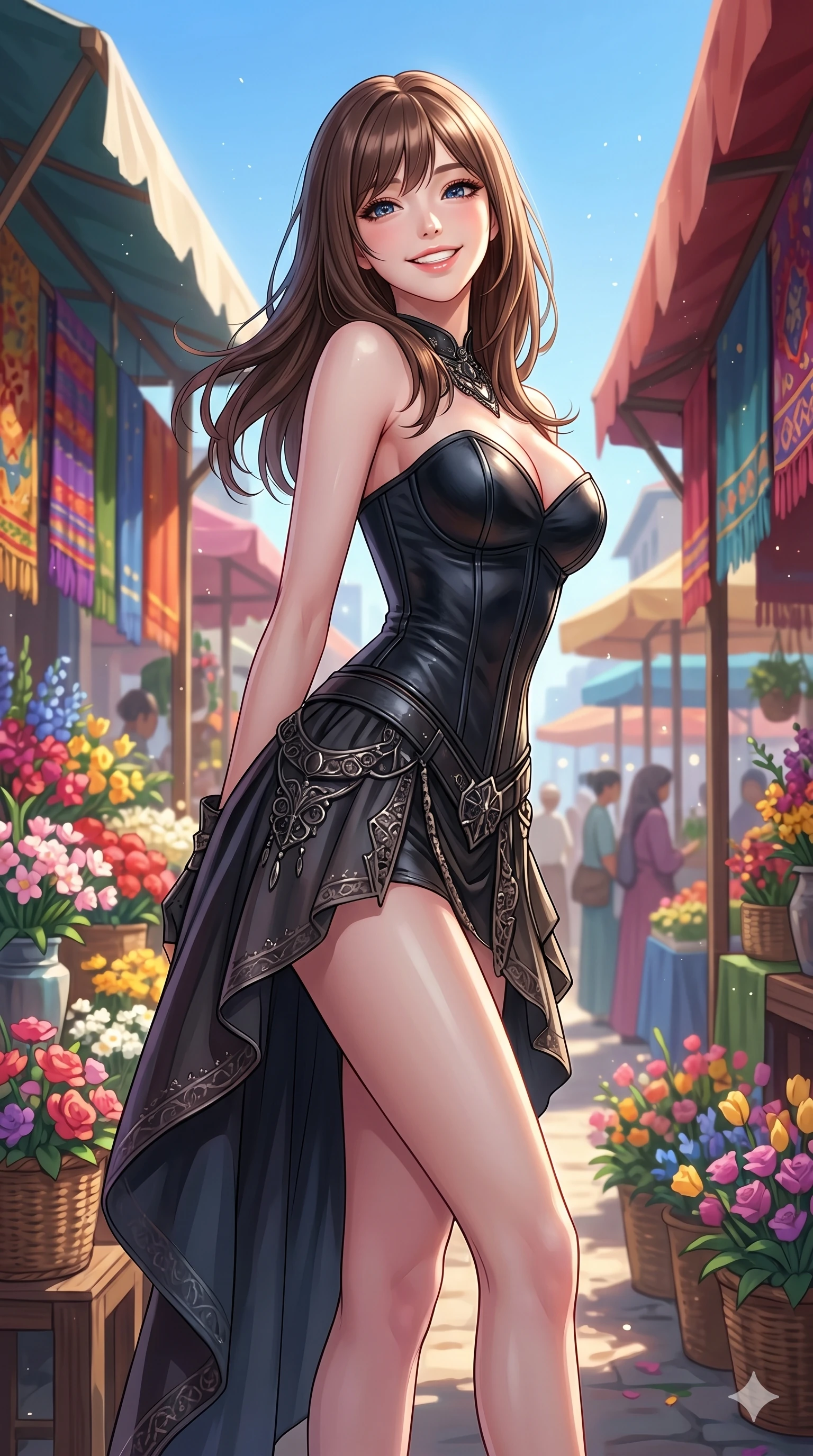 score_9, masterpiece, best quality, ultra-detailed, high-budget anime keyframe, vibrant anime aesthetic, Korean woman. cowboy shot from the thighs up, character and outfit filling the frame for maximum presence. She is leaning back with a bright, radiant smile, looking over her shoulder by a vibrant outdoor market with flower booths (Code-P20-147). She has an absolutely perfect 8-heads proportion, an exceptionally tall and slender female figure with impossibly long slender legs and an ultra-slim waist. V-shaped jawline, high-bridge nose, intricate jewel-like eyes with depth, thick eyelashes, glossy lips with a natural sheen. wearing a leather corset with sweetheart neckline revealing her cleavage. She is soft glowing ambient light from a clear blue sky, highlighting her V-shaped jawline. 2k, ultra detail, master piece, 9:16 ratio
