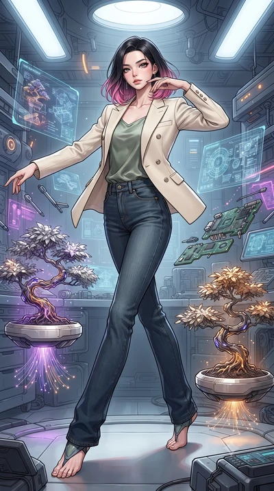 score_9, masterpiece, best quality, ultra-detailed, high-budget anime keyframe, gorgeous anime illustration, with clean line-art, distinct ink outlines, and high-contrast stereoscopic depth, Korean woman. low angle full-body shot from head to toe sho