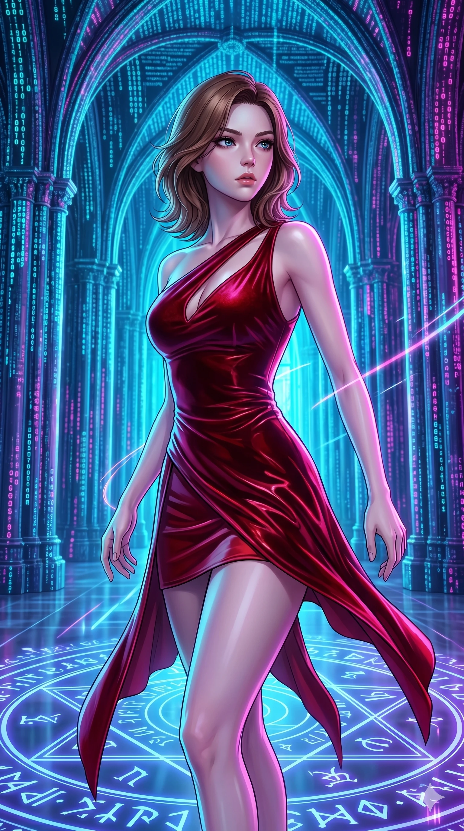 score_9, masterpiece, best quality, ultra-detailed, high-budget anime keyframe, editorial fashion photography, tasteful artistic composition, Korean woman. upper body close-up from the thighs up, character filling the screen for maximum presence. twisting her body around through a digital cathedral with towering pillars made of cascading cyber-code as glowing runes and symbols fade in and out on the ground. She has an absolutely perfect 8-heads proportion, an exceptionally tall and slender female figure with impossibly long slender legs and an ultra-slim waist. V-shaped jawline, high-bridge nose, intricate jewel-like eyes with depth, thick eyelashes, glossy lips with a natural sheen.. wearing an asymmetric liquid velvet slip dress, featuring a wet-look deep crimson red velvet one-shoulder mini slip with asymmetric geometric cutout trim. lit by high-contrast neon strobes that carve out her dynamic posture and V-shaped jawline. 2k, ultra detail, master piece, 9:16 ratio