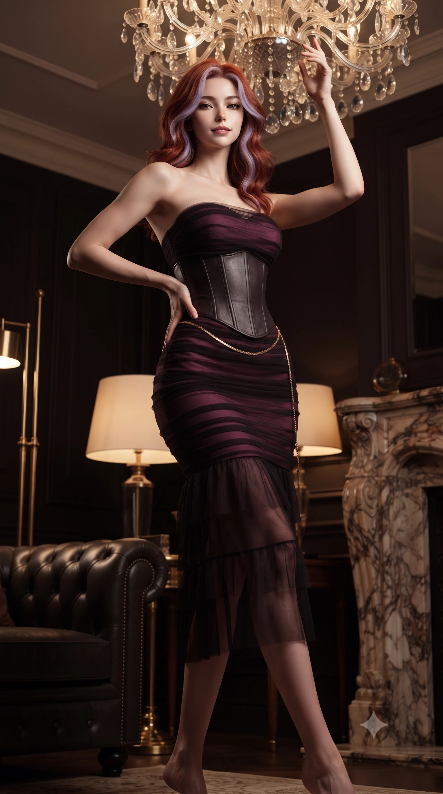 score_9, masterpiece, best quality, ultra-detailed, high-budget anime keyframe, editorial fashion photography, tasteful artistic composition, Caucasian woman. low angle full-body shot from head to toe showing her feet, filling the entire 9:16 vertical frame with her statuesque presence, stretching her vertical silhouette. pausing mid-stride beneath the grand chandelier with one hand resting on her narrow waist, her arched hips and statuesque 8.5-heads presence commanding the 9:16 vertical frame while twisting her slender torso in an alluring S-curve while reaching for a vintage crystal decanter, her dark tailored fit highlighting her hourglass curves. The surrounding environment is rendered in vivid detail and crisp panoramic clarity. sharp tufted leather upholstery creasing, polished brass floor lamp details, and carved marble fireplace texture in deep focus. She has an exceptionally tall and slender model-like 8.5-heads proportion, an ultra-slim waist, a flat toned midriff, narrow delicate ribcage, and beautifully sculpted feminine hips creating a graceful, slim hourglass silhouette without any bulky heaviness, with impossibly long slender legs. sharp v-shaped jawline, high-bridge nose, intricate jewel-like dark sparkling eyes with dangerous depth, thick curled eyelashes, glossy parted lips with a rich wine sheen, smoldering seductive half-smile with bedroom-eyes, exuding effortless superiority and intoxicating dark allure, flawlessly proportioned anatomical accuracy, strict slender model proportions, natural body alignment, perfectly sculpted long slender limbs, ultra-slim waistline, clean dynamic posture without body distortion. wearing a tiered semi-sheer black tulle and silk slip dress with an ultra-slim corseted waist and bare shoulders in rich plum violet and deep onyx black, made of supple butter-soft lambskin leather with a subtle satin sheen, finished with a delicate gold snake chain belt resting loosely across her curvy hips, the form-fitting cut adhering flawlessly to her sculpted flat midriff and slender torso, emphasizing her long leg lines and perfectly proportioned willowy build. bathed in soft warm table lamp ambient fill and deep atmospheric shadow tones. ultra-reflective glossy finish, specular highlights, rich textural contrasts, high-contrast stereoscopic depth, volumetric dynamic lighting, 2k, ultra detail, master piece, 9:16 ratio