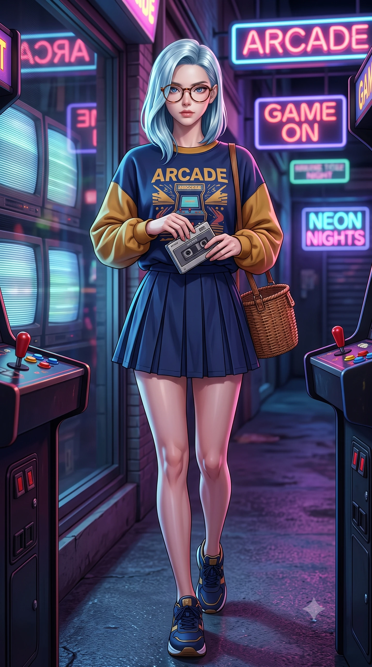 score_9, masterpiece, best quality, ultra-detailed, high-budget anime keyframe, semi-realistic 3D game render, editorial fashion photography, tasteful artistic composition, Korean woman. close-up cowboy shot from the waist and thighs up, the character dominates the composition, filling the frame with her large presence. holding her hands loosely in front with regal, aristocratic poise, radiating an overwhelming high-society aura while stepping out of the arcade into the neon-lit alleyway, adjusting her cassette tape player with supreme retro cool. The surrounding environment is rendered in vivid detail and crisp panoramic clarity. sharp CRT monitor scanlines, coin-op joystick and button details, and retro Walkman metallic casing in deep focus. She has an exceptionally elegant, slender, and willowy female figure with an ultra-slim waist, a gracefully sculpted slender torso, toned flat midriff, and a refined slim silhouette. sharp v-shaped jawline, high-bridge nose, intricate jewel-like eyes with depth, thick eyelashes, glossy lips with a natural sheen, captivating and magnetic expression, flawlessly proportioned anatomical accuracy, strict slender model proportions, natural body alignment, perfectly sculpted long slender limbs, ultra-slim waistline, clean dynamic posture without body distortion. wearing a vibrant retro graphic oversized sweatshirt paired with a pleated tennis skirt and chunky sneakers in deep navy blue and vintage brass gold, made of crisp lightweight vintage crinkle nylon, accessorized with a rustic woven wicker basket bag and round tortoiseshell glasses, the form-contouring material adhering flawlessly to her sculpted flat midriff and slender torso, emphasizing her long leg lines and perfectly proportioned willowy build. surrounded by a playful, energetic, and delightfully charming 80s arcade sweetheart aura. highly saturated vibrant anime colors, detailed shading with soft gradients, rich glossy textures, high-contrast stereoscopic depth, volumetric dynamic lighting, master piece, 9:16 ratio