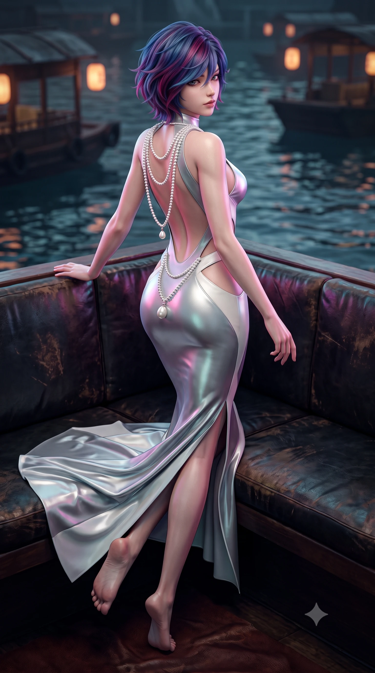 score_9, masterpiece, best quality, ultra-detailed, high-budget anime keyframe, semi-realistic 3D game render, editorial fashion photography, tasteful artistic composition, Korean woman. low angle full-body shot from head to toe showing her feet, filling the entire 9:16 vertical frame with her statuesque presence, stretching her vertical silhouette. executing an elegant mid-motion pivot turn as garments swirl around her slender limbs, glancing over her shoulder with an intoxicating bedroom-gaze while reclining on a low leather booth aboard the floating salon, her slender waist and curved hips sculpted by harbor chiaroscuro and neon reflections. The composition keeps background elements in soft focus with creamy bokeh. bobbing lantern barges and harbor water ripples softened in moody cyberpunk shallow focus. She has an exceptionally tall and slender model-like 8.5-heads proportion, an ultra-slim waist, a flat toned midriff, narrow delicate ribcage, and beautifully sculpted feminine hips creating a graceful, slim hourglass silhouette without any bulky heaviness, with impossibly long slender legs. sharp v-shaped jawline, high-bridge nose, intricate jewel-like eyes with depth, thick eyelashes, glossy parted lips with a natural sheen, intensely captivating and seductive bedroom-eyes expression, flawlessly proportioned anatomical accuracy, strict slender model proportions, natural body alignment, perfectly sculpted long slender limbs, ultra-slim waistline, clean dynamic posture without body distortion. wearing a sculptured liquid-satin mermaid gown with an architectural open-waist cutout and bare spine in shimmering silver mercury and pearl white, formed from supple second-skin lambskin leather with specular sheen, accented with a multi-strand pearl back necklace cascading down her bare spine to her hips, the form-contouring material adhering flawlessly to her sculpted flat midriff and slender torso, emphasizing her long leg lines and perfectly proportioned willowy build. illuminated by rippling harbor water specular reflections accentuating her sculpted midriff, narrow waist, and curvy hips. highly saturated vibrant anime colors, detailed shading with soft gradients, rich glossy textures, high-contrast stereoscopic depth, volumetric dynamic lighting, master piece, 9:16 ratio
