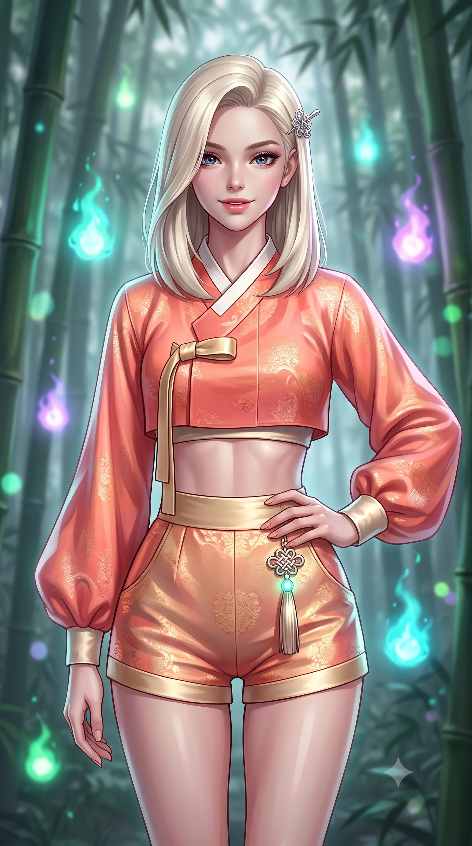 score_9, masterpiece, best quality, ultra-detailed, high-budget anime keyframe, semi-realistic 3D game render, editorial fashion photography, tasteful artistic composition, Caucasian woman. close-up cowboy shot from the waist and thighs up, the character dominates the composition, filling the frame with her large presence. smiling with subtle, enchanting allure and glossy parted lips, one hand resting on her waist with effortless supermodel poise while gliding silently through a dense, mist-veiled bamboo forest illuminated by floating cyan and amethyst will-o'-the-wisp spirit flames. The composition keeps background elements in soft focus with creamy bokeh. towering bamboo groves and floating spirit orbs blurred into luminous emerald, cyan, and amethyst bokeh. She has an exceptionally elegant, slender, and willowy female figure with an ultra-slim waist, a gracefully sculpted slender torso, toned flat midriff, and a refined slim silhouette. sharp v-shaped jawline, high-bridge nose, intricate jewel-like eyes with depth, thick eyelashes, glossy lips with a natural sheen, captivating and magnetic expression, flawlessly proportioned anatomical accuracy, strict slender model proportions, natural body alignment, perfectly sculpted long slender limbs, ultra-slim waistline, clean dynamic posture without body distortion. wearing a modern shortened cyber-hanbok crop top with wide billowing sleeves and high-waist silk shorts in sunrise coral and champagne gold, woven from lightweight fluid silk brocade with woven gold thread, accented with a glowing metallic norigae knot charm and silver hairpin, the liquid-tight tailored fabric emphasizing every curve of her tall, slender model proportions and sculptured silhouette during dynamic movement. illuminated by ethereal glow highlighting her sculpted collarbones, waistline, and slender silhouette. highly saturated vibrant anime colors, detailed shading with soft gradients, rich glossy textures, high-contrast stereoscopic depth, volumetric dynamic lighting, master piece, 9:16 ratio