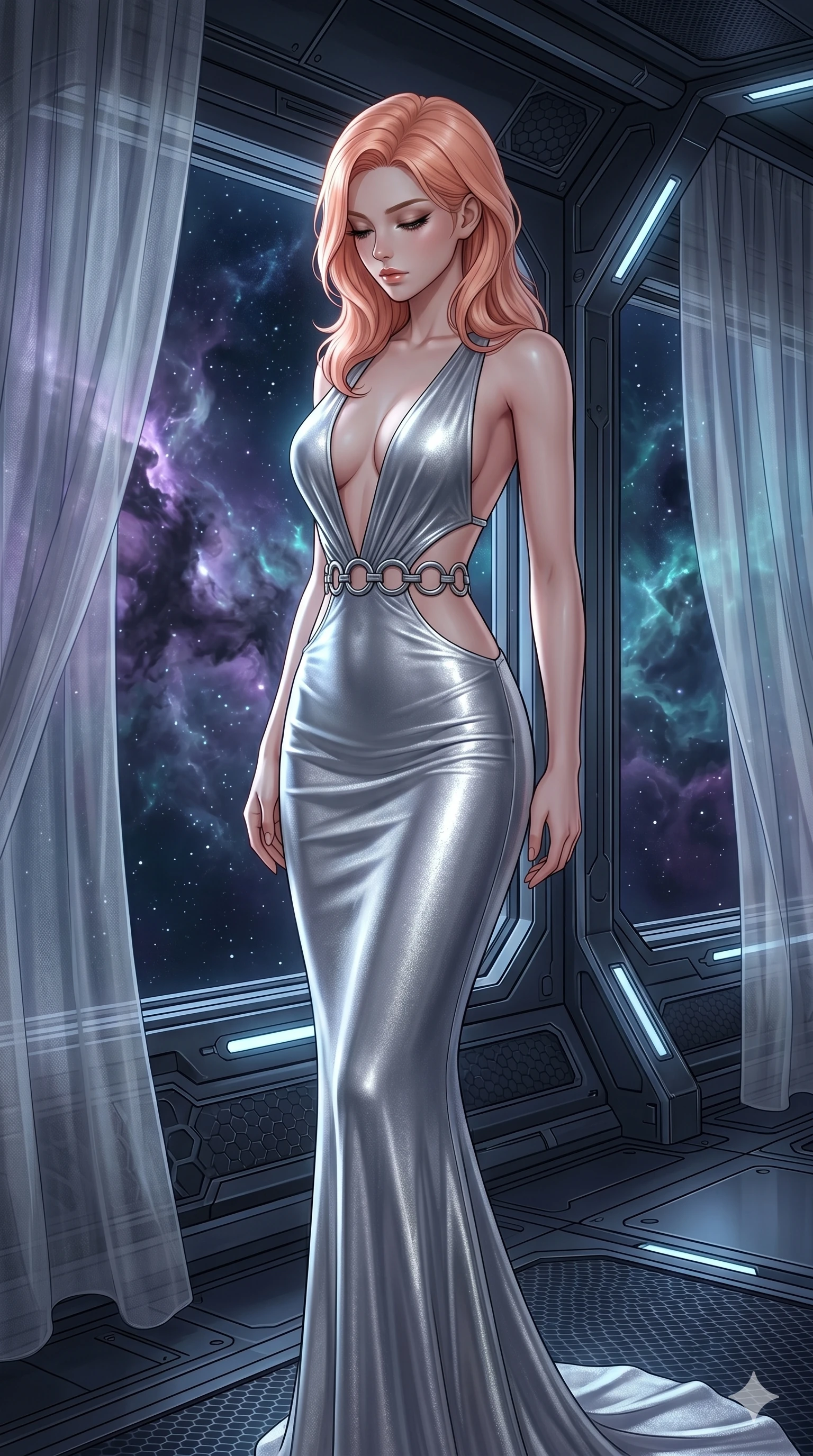 score_9, masterpiece, best quality, ultra-detailed, high-budget anime keyframe, editorial fashion photography, tasteful artistic composition, Japanese woman. cowboy shot from the thighs up, character and outfit filling the frame for maximum editorial presence. Looking down with lowered lashes and a composed, powerful expression inside a deep-space observatory with nebula clouds of violet and teal drifting past panoramic windows. She has an absolutely perfect 8-heads proportion, an exceptionally tall and slender female figure with impossibly long slender legs and an ultra-slim waist. V-shaped jawline, high-bridge nose, intricate jewel-like eyes with depth, thick eyelashes, glossy lips with a natural sheen. wearing a deep plunging-V neck maxi dress in liquid silver jersey with a bold open-back, an architectural waist cutout framed by chrome ring hardware, and a body-contouring fit all the way to the floor. bathed in cold silver moonlight filtered through translucent gossamer curtains casting soft shadows on her curves. 2k, ultra detail, master piece, 9:16 ratio