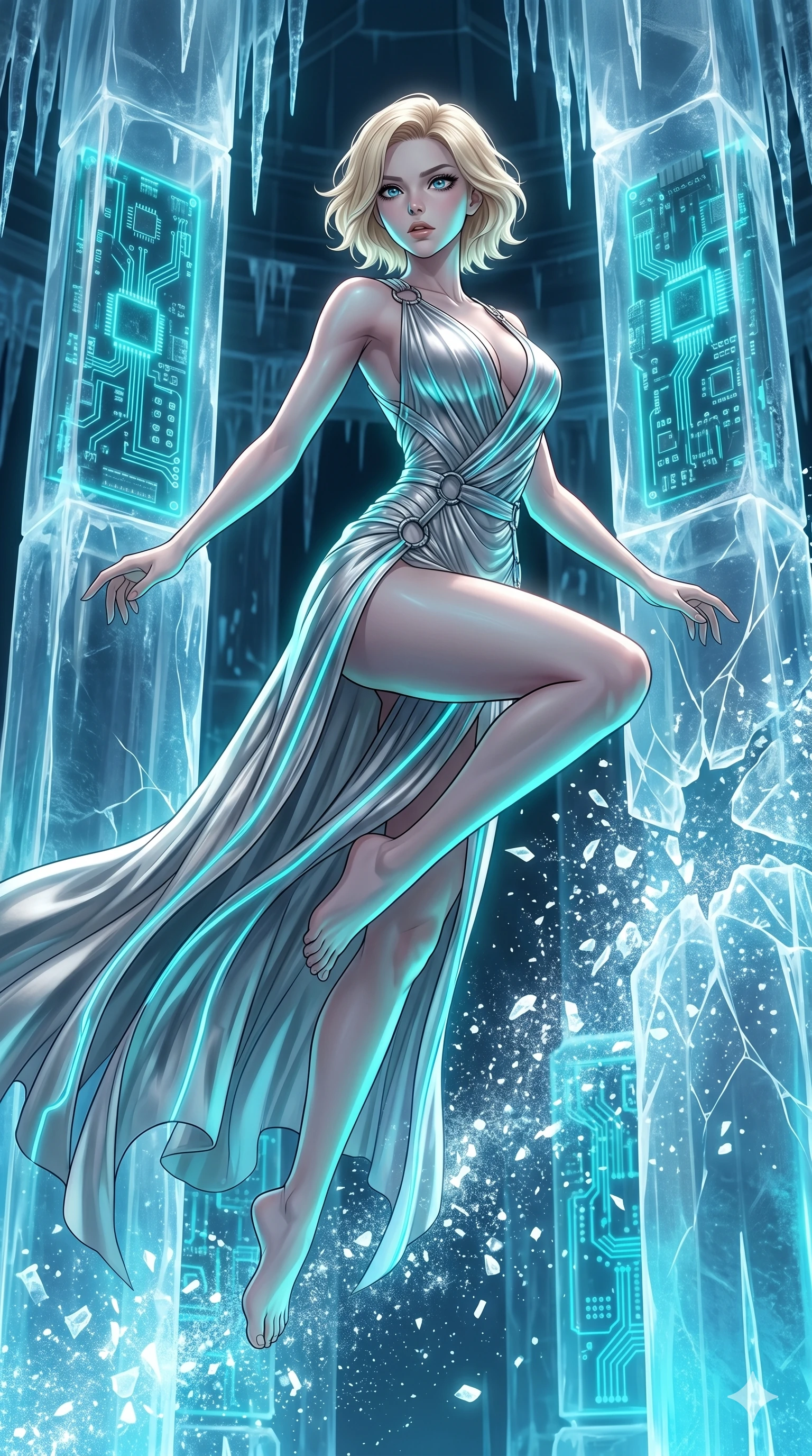 score_9, masterpiece, best quality, ultra-detailed, high-budget anime keyframe, Caucasian woman, strictly human ears. low angle full-body shot filling the entire 9:16 frame with her statuesque presence, stretching the vertical silhouette. leaping inside a sub-zero cybernetic ice temple, where glowing neon cyan computer circuit boards are frozen within transparent ice pillars, fracturing ice crystals into sparkles around her. She has an absolutely perfect 8-heads proportion, an exceptionally tall and slender female figure with impossibly long slender legs and an ultra-slim waist. V-shaped jawline, high-bridge nose, intricate jewel-like eyes with depth, thick eyelashes, glossy lips with a natural sheen.. wearing a draped Grecian cyber-gown, featuring draped silver metallic chiffon held by metal ring hardware, displaying a high-leg line. accented by dynamic color-blocked lighting with high-contrast shadows emphasizing her statuesque height. 2k, ultra detail, master piece, 9:16 ratio