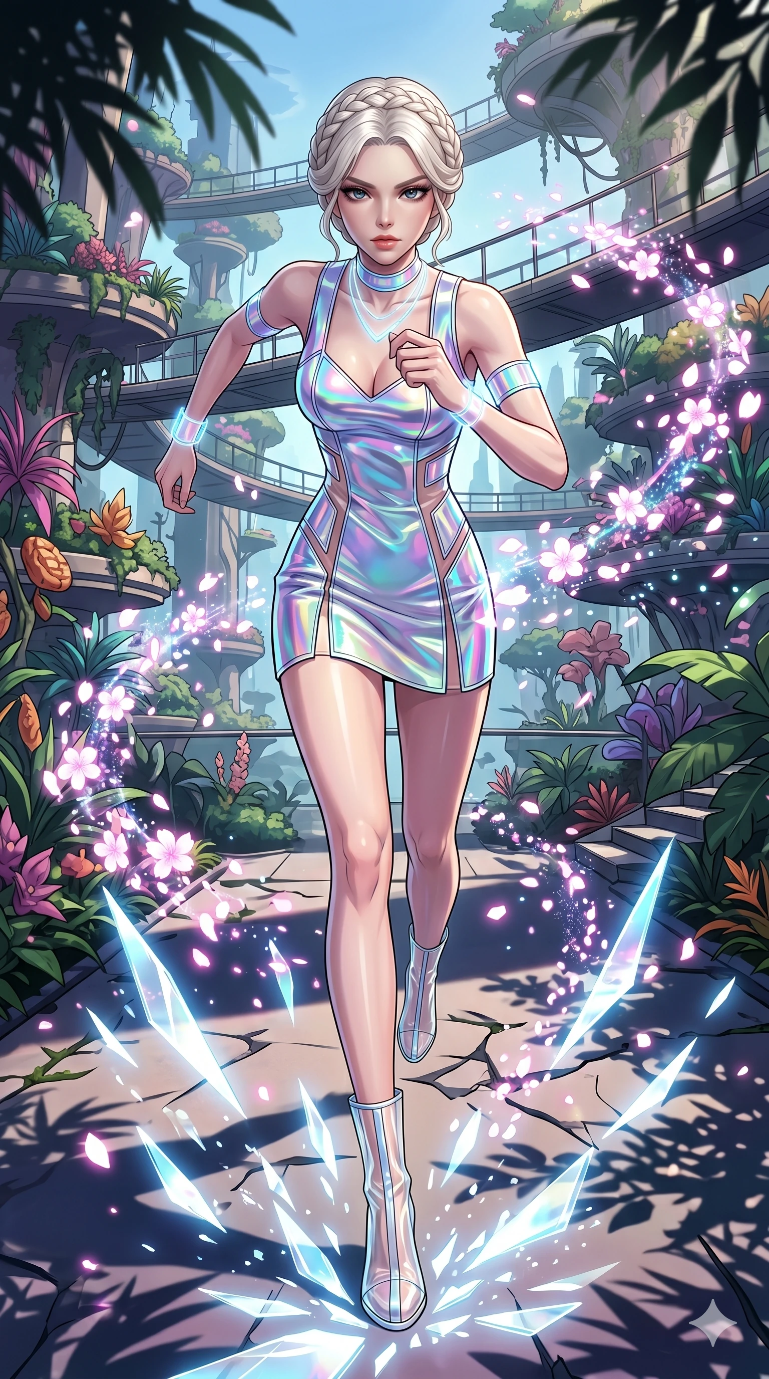 score_9, masterpiece, best quality, ultra-detailed, Set A: High-budget Anime Keyframe, Korean woman. Low angle cowboy shot filling the entire 9:16 frame with her statuesque presence. Sprinting through a floating botanical garden, as the ground beneath her turns into 11 shards of light and surrounded by digital sakura petals. She has an absolutely perfect 8-heads proportion, an exceptionally tall and slender female figure with impossibly long slender legs and an ultra-slim waist. Sharp v-shaped jawline, high-bridge nose, intricate jewel-like eyes with depth, thick eyelashes, glossy lips with a natural sheen. Wearing Holographic vinyl mini-dress with transparent PVC boots and glowing jewelry. Cinematic lighting, vibrant colors, dramatic shadows, 2k, ultra detail, master piece, 9:16 ratio