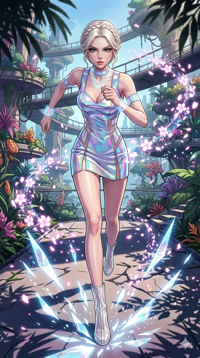 score_9, masterpiece, best quality, ultra-detailed, Set A: High-budget Anime Keyframe, Korean woman. Low angle cowboy shot filling the entire 9:16 frame with her statuesque presence. Sprinting through a floating botanical garden, as the ground beneat