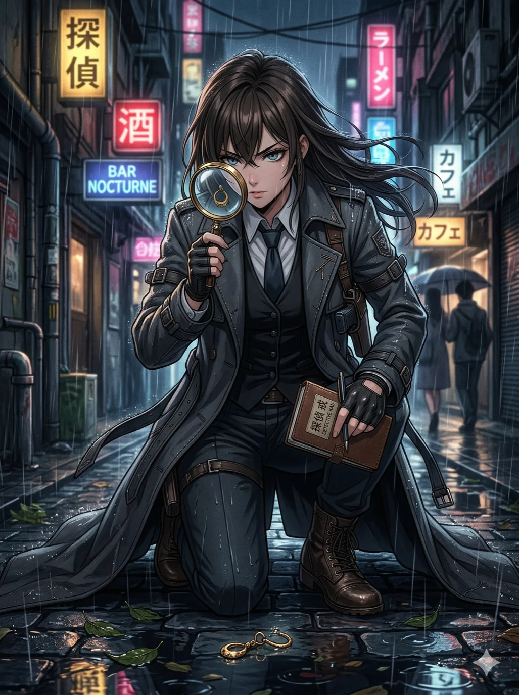 A cool anime-style female detective with a long coat and a magnifying glass, mystery noir vibe, 2k, ultra detail, master piece, 3:4 ratio