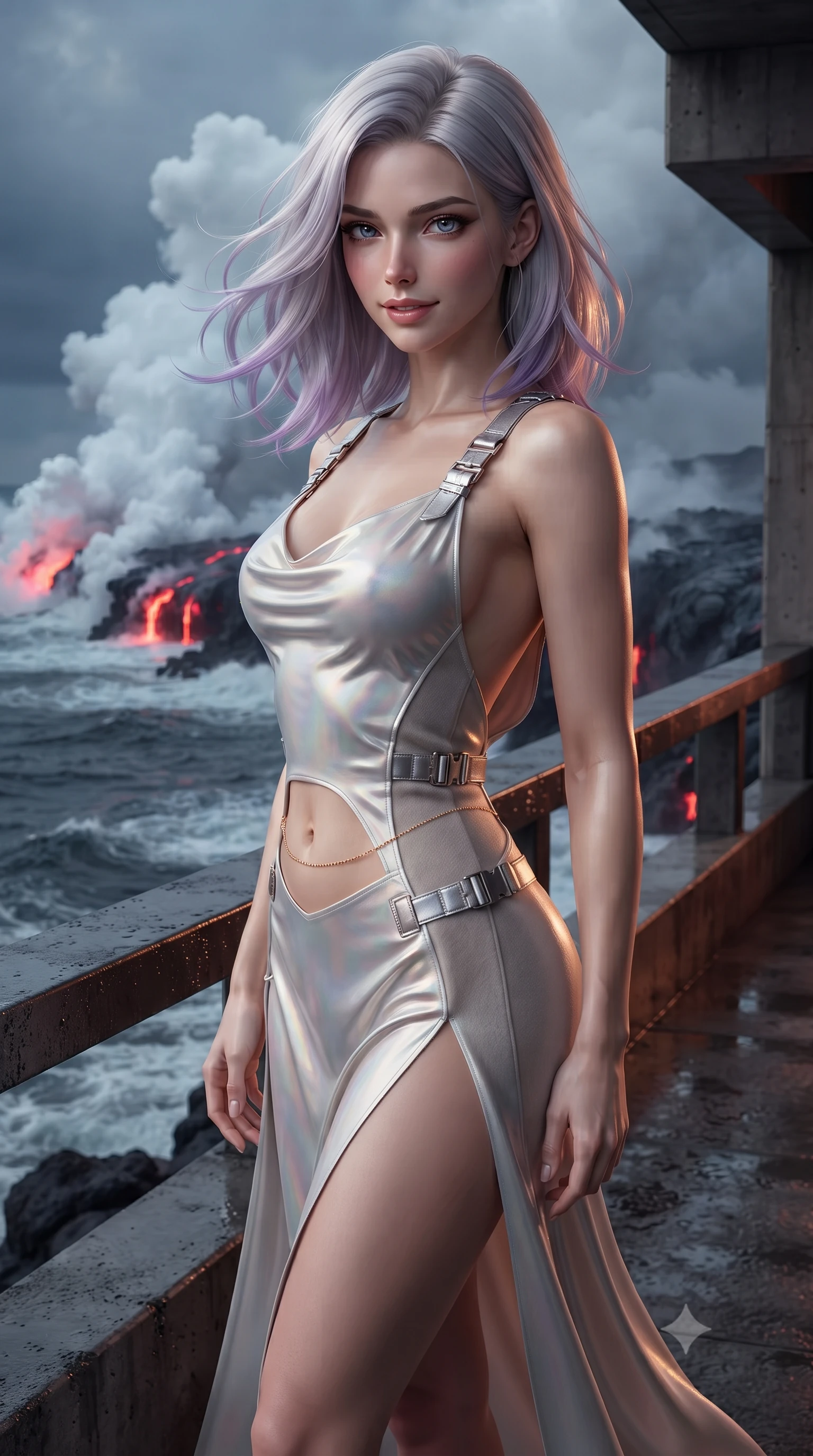 score_9, masterpiece, best quality, ultra-detailed, high-budget anime keyframe, editorial fashion photography, tasteful artistic composition, Caucasian woman. close-up cowboy shot from the waist and thighs up, the character dominates the composition, filling the frame with her large presence. turning slowly with an enchanting smoldering smile, her glossy hair tossing in the breeze as her hips angle gracefully in a captivating contrapposto while standing poised on the heavy cantilevered steel balcony overlooking churning black ocean waves, arching her back with siren poise as glowing red lava flows meet the sea in colossal steam clouds. The surrounding environment is rendered in vivid detail and crisp panoramic clarity: detailed tactical coat tailoring, metallic hardware accents, and brutalist oceanic engineering in razor-sharp precision. She has an exceptionally elegant, slender, and willowy female figure with an ultra-slim waist, flat toned midriff, narrow ribcage, and sculpted feminine hips creating an alluring, slim hourglass silhouette without bulk. sharp v-shaped jawline, high-bridge nose, intricate jewel-like sparkling eyes with depth, thick eyelashes, glossy parted lips with a natural peach sheen, bright cheerful beaming smile with an enchanting and coquettish sensual glint, exuding both youthful cute charm and seductive allure, flawlessly proportioned anatomical accuracy, strict slender model proportions, natural body alignment, perfectly sculpted long slender limbs, ultra-slim waistline, clean dynamic posture without body distortion. wearing a form-contouring gossamer silk chiffon combat slip dress with a hip-high slit and open cowl back clinging with dewy moisture in iridescent mother-of-pearl and liquid molten silver, crafted from bespoke double-faced cashmere with an exceptionally soft tactile finish, accented with a dainty gold belly chain resting across her flat midriff and curving hips, the form-contouring silhouette accentuating her sculpted flat midriff, narrow delicate ribcage, and gracefully curvy hips with intoxicating allure. illuminated by wet basalt deck reflection bounce and sharp magma-orange rim lights sculpting her razor-sharp jawline, narrow waist, and curvy hips. ultra-reflective glossy finish, specular highlights, rich textural contrasts, high-contrast stereoscopic depth, volumetric dynamic lighting, 2k, ultra detail, master piece, 9:16 ratio