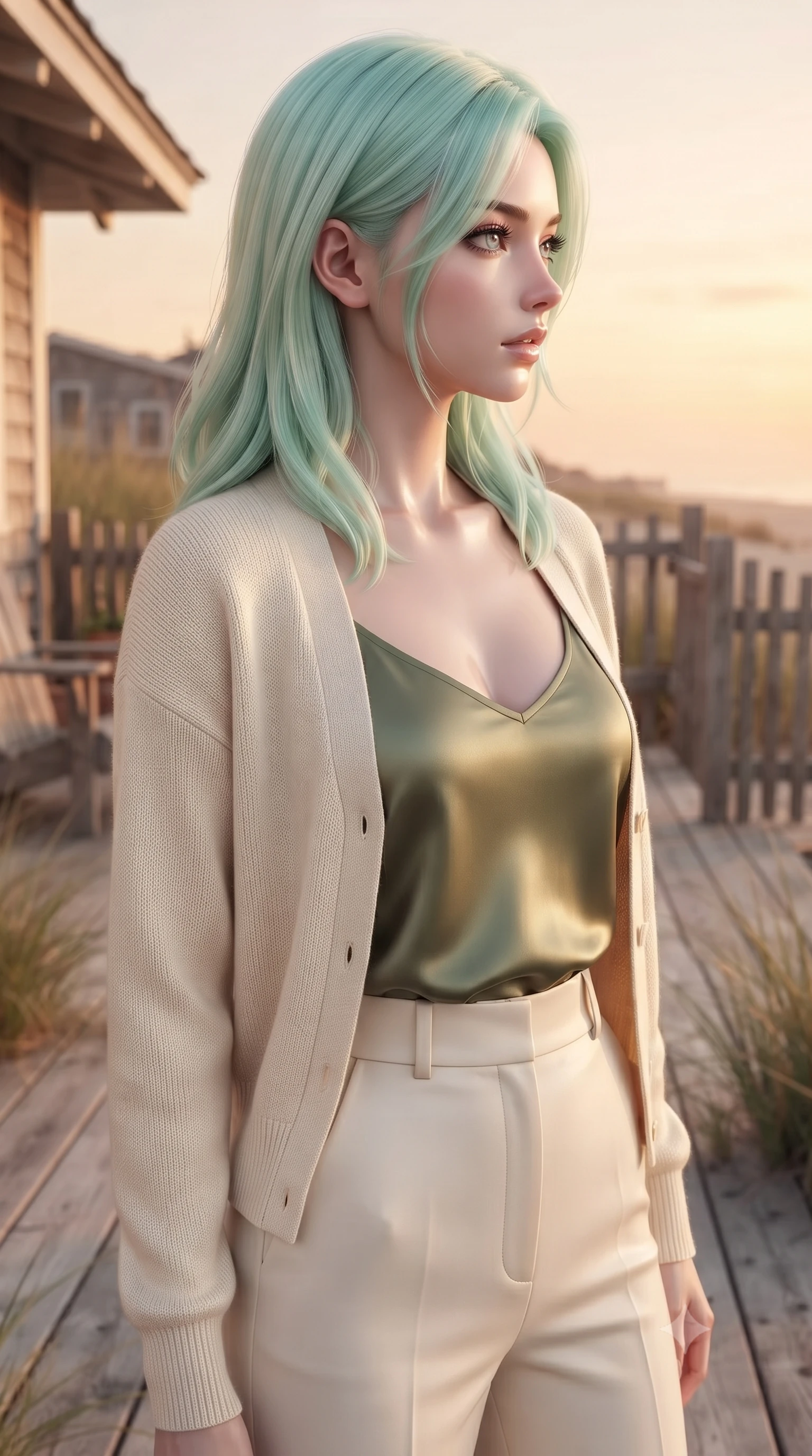score_9, masterpiece, best quality, ultra-detailed, high-budget anime keyframe, editorial fashion photography, tasteful artistic composition, Japanese woman woman. close-up cowboy shot from the waist and thighs up, the character dominates the composition, filling the frame with her large presence, background elements kept in soft focus. turning her face in sharp profile, casting a cold, mysterious, yet intensely alluring side gaze, the background shows a soft-focus a cozy wooden deck of a beachside cottage, surrounded by beachgrass and wooden fences. She has an exceptionally elegant, slender, and willowy female figure with an ultra-slim waist, a gracefully sculpted slender torso, and a refined silhouette. sharp v-shaped jawline, high-bridge nose, intricate jewel-like eyes with depth, thick eyelashes, glossy lips with a natural sheen. wearing a tailored comfortable cream knit cardigan worn over an olive green silk camisole and tailored trousers. warm sunset light casting a peaceful, cozy orange wash on her figure. ultra-reflective glossy finish, specular highlights, metallic sheen, high-contrast stereoscopic depth, volumetric dynamic lighting, 2k, ultra detail, master piece, 9:16 ratio