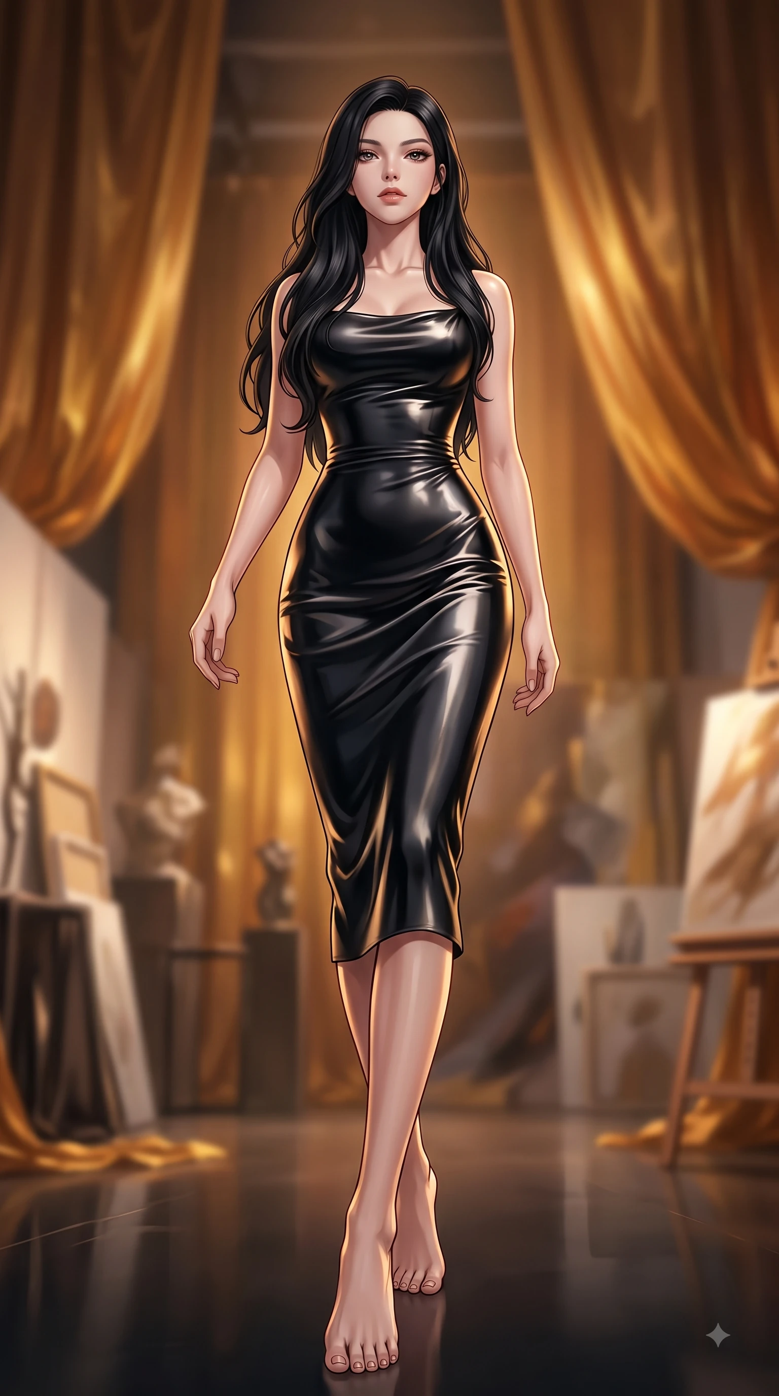 score_9, masterpiece, best quality, ultra-detailed, high-budget anime keyframe, editorial fashion photography, tasteful artistic composition, Korean woman woman. low angle full-body shot from head to toe showing her feet, filling the entire 9:16 vertical frame with her statuesque presence, stretching her vertical silhouette. She has an absolutely perfect, statuesque 8.5-heads proportion, an exceptionally tall and slender model-like female figure with impossibly long slender legs and an ultra-slim waist. stepping gracefully forward in a proud statuesque stride, her body turning in a fluid S-curve silhouette, flawlessly proportioned anatomical accuracy, natural body alignment, perfectly sculpted elegant limbs, clean dynamic posture without body distortion. set against a soft-focus background of an avant-garde art studio with suspended liquid gold drapes. wearing a sleek obsidian liquid silk midi dress with a tight tailored waistline. bathed in warm amber spotlighting creating metallic specular highlights on her form. highly saturated vibrant anime colors, detailed shading with soft gradients, rich glossy textures, high-contrast stereoscopic depth, volumetric dynamic lighting, master piece, 9:16 ratio