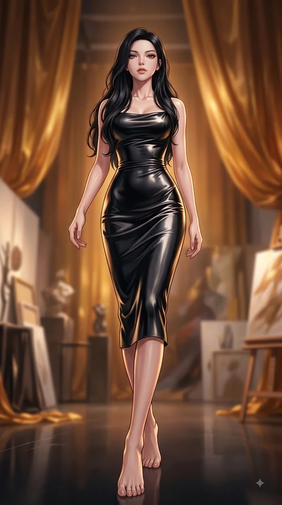 score_9, masterpiece, best quality, ultra-detailed, high-budget anime keyframe, editorial fashion photography, tasteful artistic composition, Korean woman woman. low angle full-body shot from head to toe showing her feet, filling the entire 9:16 vert