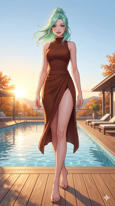 score_9, masterpiece, best quality, ultra-detailed, high-budget anime keyframe, vibrant anime aesthetic, Japanese woman. low angle full-body shot from head to toe showing her feet, filling the entire 9:16 vertical frame with her statuesque presence, 