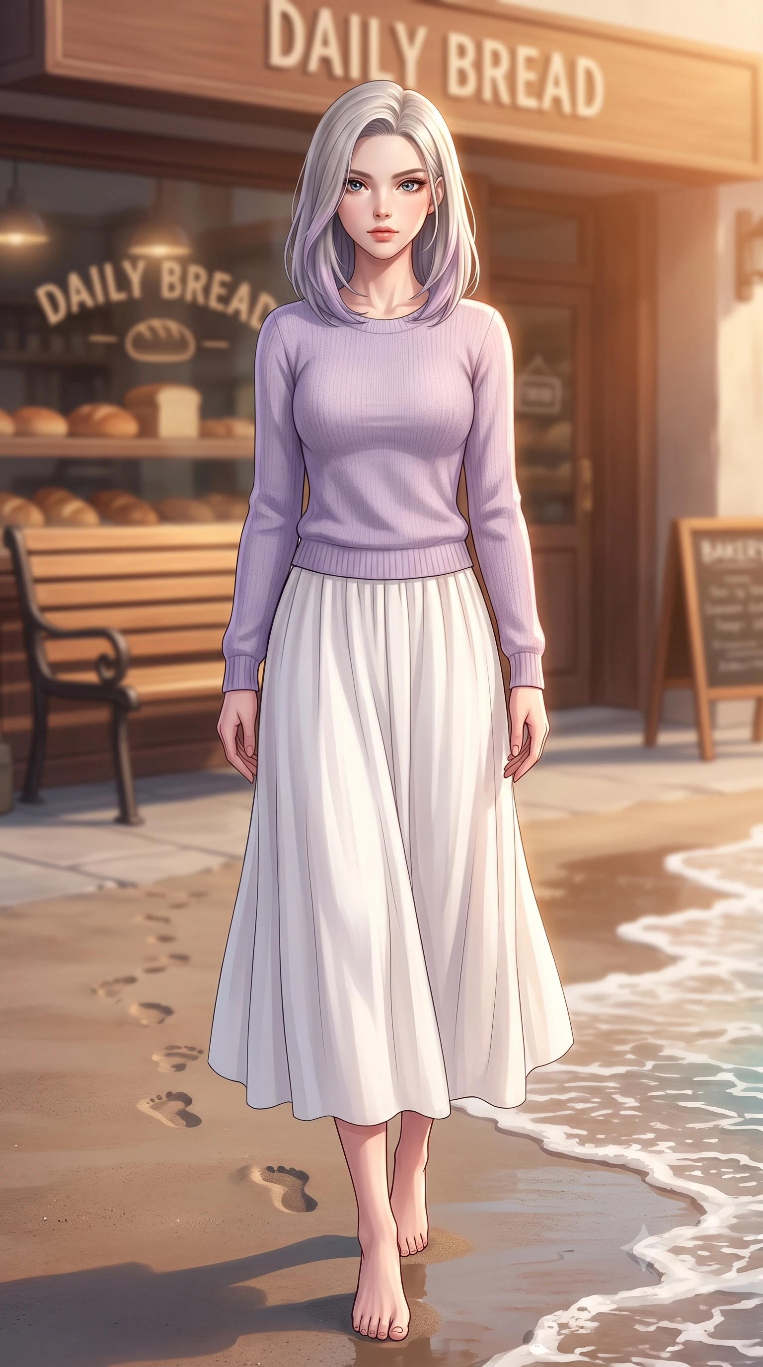 score_9, masterpiece, best quality, ultra-detailed, high-budget anime keyframe, editorial fashion photography, tasteful artistic composition, Caucasian woman woman. low angle full-body shot from head to toe showing her feet, filling the entire 9:16 vertical frame with her statuesque presence, stretching her vertical silhouette. walking slowly along the shoreline, leaving footprints in the wet sand the background shows a soft-focus a wooden bench outside a cozy bakery, with the scent of fresh bread in the soft focus air. She has an absolutely perfect, statuesque 8.5-heads proportion, an exceptionally tall and slender model-like female figure with impossibly long slender legs and an ultra-slim waist. sharp v-shaped jawline, high-bridge nose, intricate jewel-like eyes with depth, thick eyelashes, glossy lips with a natural sheen. wearing a tailored soft lavender knit sweater paired with a flowy white cotton maxi skirt. warm morning sunbeams casting a cozy amber glow. 2k, ultra detail, master piece, 9:16 ratio