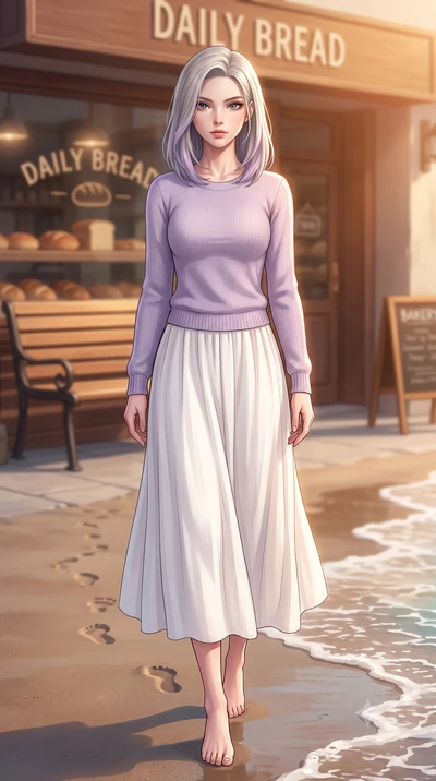 score_9, masterpiece, best quality, ultra-detailed, high-budget anime keyframe, editorial fashion photography, tasteful artistic composition, Caucasian woman woman. low angle full-body shot from head to toe showing her feet, filling the entire 9:16 v