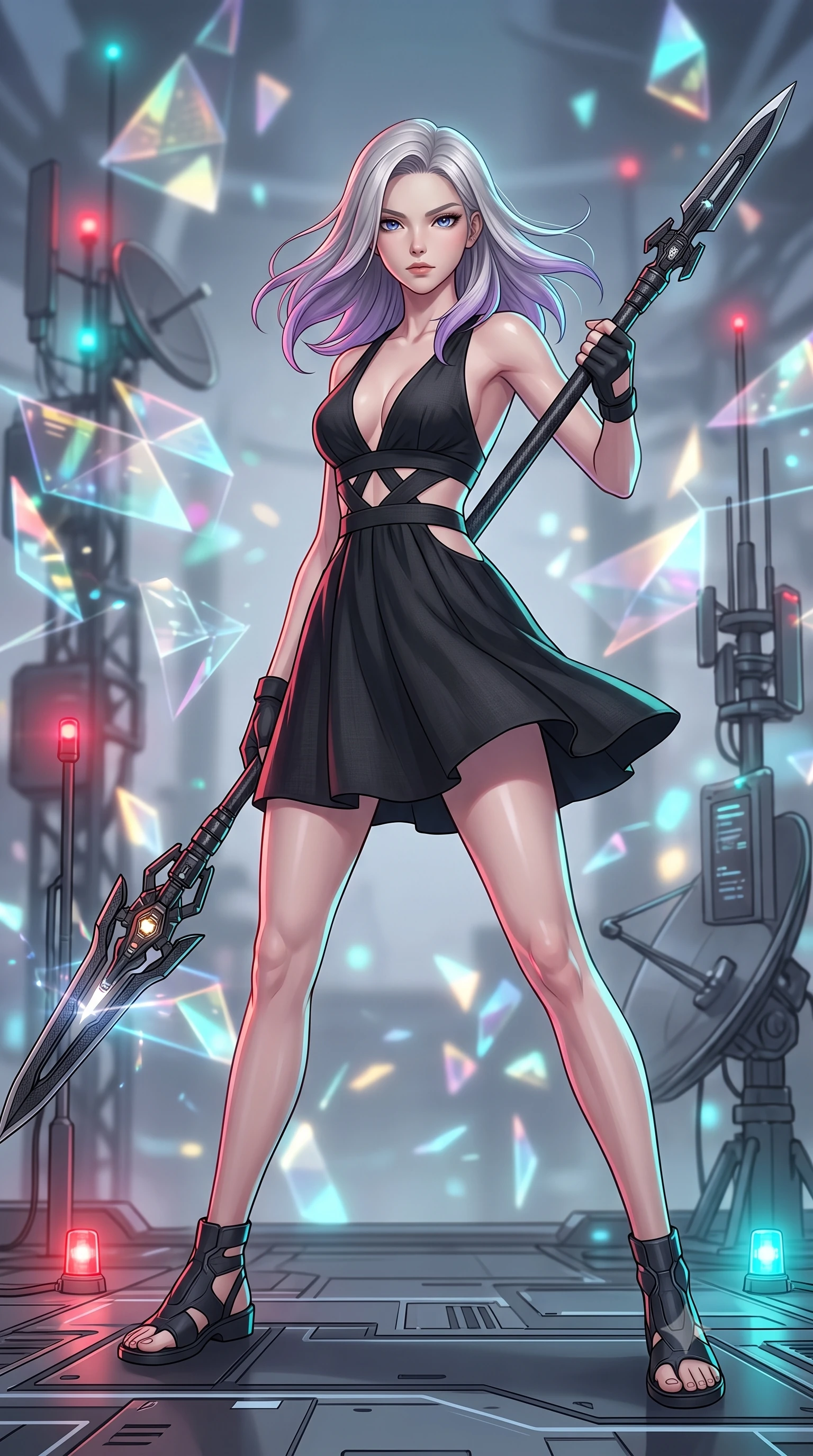 score_9, masterpiece, best quality, ultra-detailed, high-budget anime keyframe, editorial fashion photography, tasteful artistic composition, Caucasian woman. low angle full-body shot from head to toe showing her feet, filling the entire 9:16 vertical frame with her statuesque presence, stretching her vertical silhouette. standing in a dynamic combat stance with a carbon-fiber spear held diagonally, stretching her statuesque body, the background shows a soft-focus a communications bay filled with glowing data-shards and signal antennas. She has an absolutely perfect, statuesque 8.5-heads proportion, an exceptionally tall and slender model-like female figure with impossibly long slender legs and an ultra-slim waist. sharp v-shaped jawline, high-bridge nose, intricate jewel-like eyes with depth, thick eyelashes, glossy lips with a natural sheen. wearing a tailored combat sundress with double waist cutouts and a plunging neckline in carbon-black linen. pulsing red and cyan beacon lights casting subtle, colorful highlights on her profile. highly saturated vibrant anime colors, detailed shading with soft gradients, rich glossy textures, high-contrast stereoscopic depth, volumetric dynamic lighting, master piece, 9:16 ratio