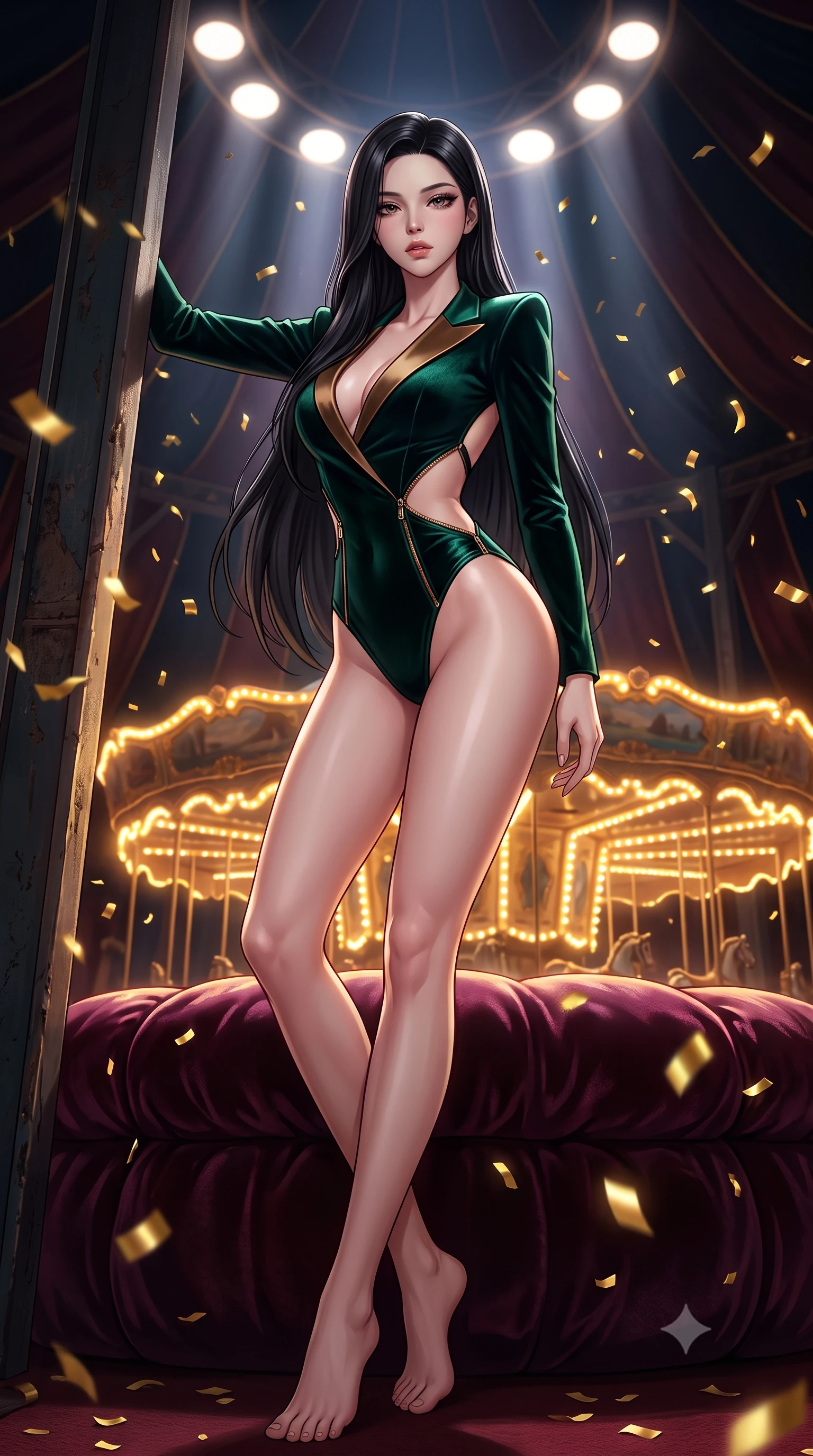 score_9, masterpiece, best quality, ultra-detailed, high-budget anime keyframe, semi-realistic 3D game render, editorial fashion photography, tasteful artistic composition, Korean woman. low angle full-body shot from head to toe showing her feet, filling the entire 9:16 vertical frame with her statuesque presence, stretching her vertical silhouette. leaning deep against the structural architecture with hips cocked in an unapologetically bold, seductive high-fashion stance while reclining languidly on a velvet ring cushion inside the dark circus tent, spine arched in an alluring S-curve as gold confetti flutters around her. The surrounding environment is rendered in vivid detail and crisp panoramic clarity. intense theatrical chiaroscuro and decadent dark carnival aesthetics rendered with precision. She has an absolutely perfect, statuesque 8.5-heads proportion, an exceptionally tall and slender model-like female figure with impossibly long slender legs, a toned flat midriff, an ultra-slim waist, and beautifully sculpted feminine hips. sharp v-shaped jawline, high-bridge nose, intricate jewel-like eyes with depth, thick eyelashes, glossy parted lips with a natural sheen, intensely captivating and seductive bedroom-eyes expression, flawlessly proportioned anatomical accuracy, strict slender model proportions, natural body alignment, perfectly sculpted long slender limbs, ultra-slim waistline, clean dynamic posture without body distortion. wearing a tailored velvet ringmaster tuxedo bodysuit with an open back, high-cut leg openings, and satin lapels in deep emerald green and liquid bronze, made of flexible compression spandex sculpting her athletic hourglass lines, accented with diagonal metal zippers running across the side-waist cutouts, the liquid-tight tailored fabric clinging flawlessly to her narrow waist and rounded feminine hips, emphasizing every millimeter of her sculpted hourglass curves during movement. bathed in dramatic overhead circular spotlight beams and warm golden carousel perimeter glow. highly saturated vibrant anime colors, detailed shading with soft gradients, rich glossy textures, high-contrast stereoscopic depth, volumetric dynamic lighting, master piece, 9:16 ratio