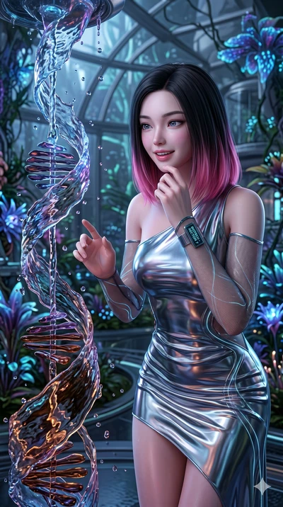 score_9, masterpiece, best quality, ultra-detailed, high-budget anime keyframe, semi-realistic 3D game render, Korean woman. Upper body close-up from the thighs up, character filling the screen for maximum presence. Inside a biotech garden, next to a