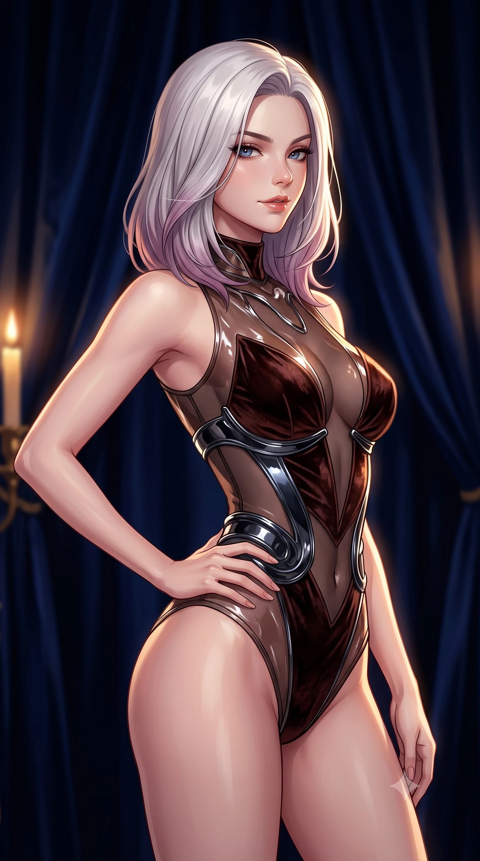 score_9, masterpiece, best quality, ultra-detailed, high-budget anime keyframe, editorial fashion photography, tasteful artistic composition, Caucasian woman. close-up cowboy shot from the waist and thighs up, the character dominates the composition, filling the frame with her large presence, background elements kept in soft focus. Holding a confident power pose with one hand on her hip, walking past heavy midnight blue velvet drapery swallowing ambient light, magnetic, smoldering half-smile as she glances sidelong into the camera. She has an exceptionally elegant, slender, and willowy female figure with an ultra-slim waist, a gracefully sculpted slender torso, and a refined silhouette. sharp v-shaped jawline, high-bridge nose, intricate jewel-like eyes with depth, thick eyelashes, glossy lips with a natural sheen. wearing translucent liquid acrylic splash bodysuit with semi-opaque dark mesh in dark mahogany, made of crushed dark silk velvet, accented with sculpted obsidian chrome rings at the waist, highlighting her statuesque proportions and ultra-slim waistline. illuminated by warm golden candle rays and high-contrast dark velvet shadows. highly saturated vibrant anime colors, detailed shading with soft gradients, rich glossy textures, high-contrast stereoscopic depth, volumetric dynamic lighting, master piece, 9:16 ratio