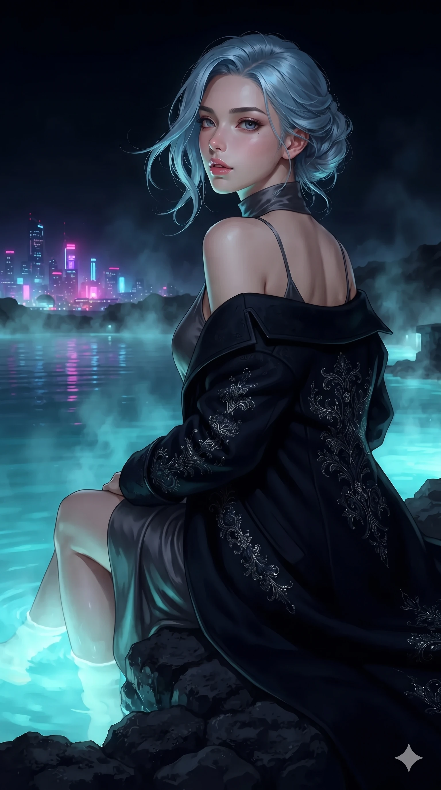 score_9, masterpiece, best quality, ultra-detailed, high-budget anime keyframe, editorial fashion photography, tasteful artistic composition, Korean woman. close-up cowboy shot from the waist and thighs up, the character dominates the composition, filling the frame with her large presence. posing in an alluring rear three-quarter angle, looking over a bare shoulder with parted glossy lips, her hips cocked back to highlight her slim hourglass curve while sitting on the black basalt rock rim of the steaming geothermal lagoon, water droplets beading on her flat midriff and curvy hips as steam rises into the night air. The surrounding environment is rendered in vivid detail and crisp panoramic clarity: detailed wet-look silk wrap tailoring, fine mesh accents, and architectural rooftop infinity pool design in razor-sharp clarity. She has an exceptionally elegant, slender, and willowy female figure with an ultra-slim waist, flat toned midriff, narrow ribcage, and sculpted feminine hips creating an alluring, slim hourglass silhouette without bulk. sharp v-shaped jawline, high-bridge nose, intricate jewel-like sparkling eyes with depth, thick eyelashes, glossy parted lips with a natural sheen, intensely captivating and seductive bedroom-eyes expression, exuding both youthful cute charm and sovereign luxury allure, flawlessly proportioned anatomical accuracy, strict slender model proportions, natural body alignment, perfectly sculpted long slender limbs, ultra-slim waistline, clean dynamic posture without body distortion. wearing a structured Belle Époque cashmere opera greatcoat with polished brass crest buttons layered over a high-neck slip in cosmic eclipse amber and starlight diamond, tailored from heavy double-faced silk georgette with an exceptionally fluid drape, complemented by sheer opera-length evening gloves tracing her slender arms, the bespoke structured tailoring following the natural line of her 8.5-heads silhouette with refined elegance. bathed in the radiant underwater turquoise glow of the thermal pool mixed with ambient city neon from the surrounding skyline. ultra-reflective glossy finish, specular highlights, rich textural contrasts, high-contrast stereoscopic depth, volumetric dynamic lighting, 2k, ultra detail, master piece, 9:16 ratio