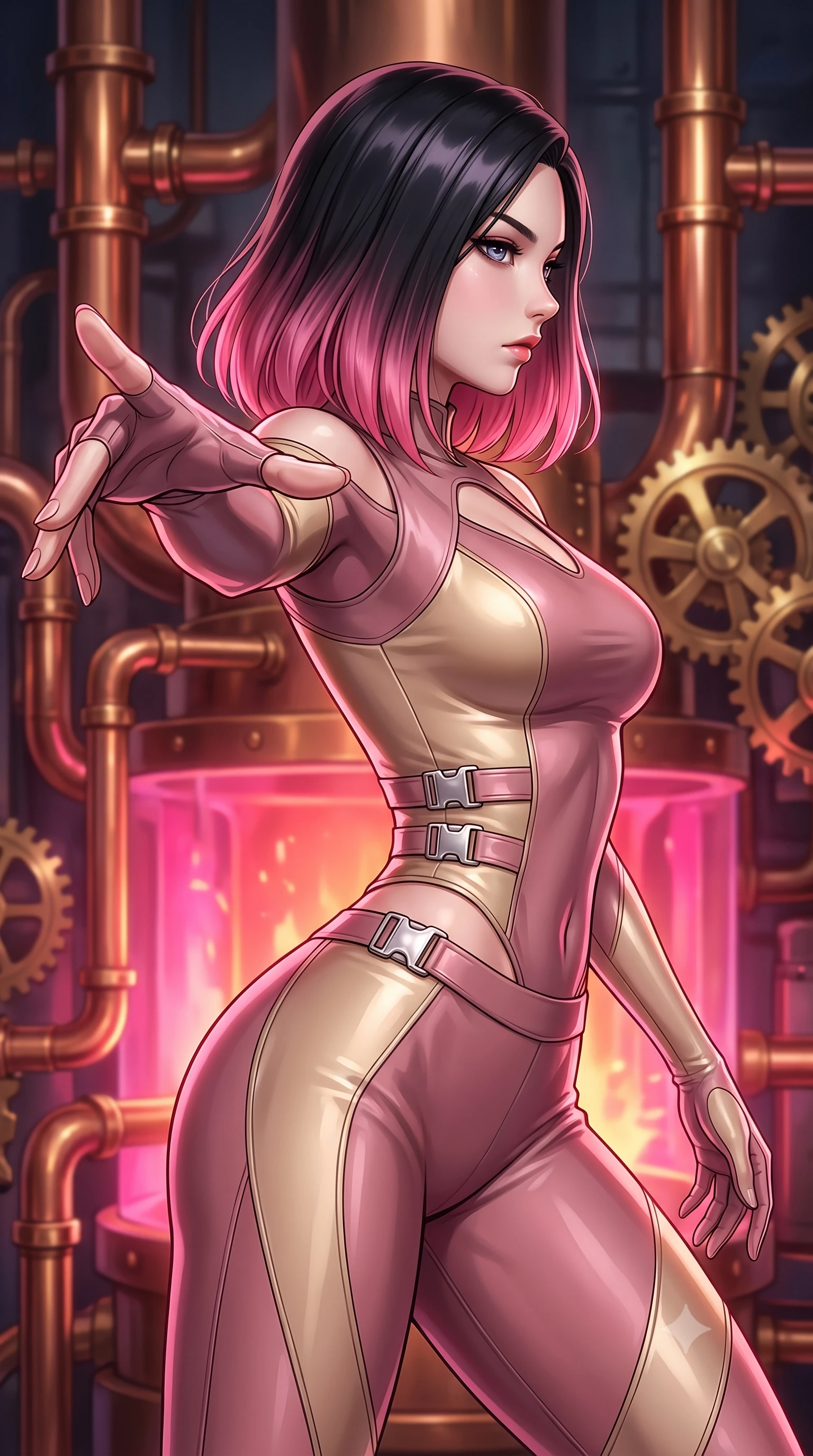 score_9, masterpiece, best quality, ultra-detailed, high-budget anime keyframe, editorial fashion photography, tasteful artistic composition, Korean woman. close-up cowboy shot from the waist and thighs up, the character dominates the composition, filling the frame with her large presence, background elements kept in soft focus. Turning her face in sharp profile while her upper body leans forward with poised athletic grace while pivoting dynamically with one hand extending toward the viewer in a power pose, intricate copper pipes and brass gears gleam with furnace heat reflections. She has an exceptionally elegant, slender, and willowy female figure with an ultra-slim waist, a gracefully sculpted slender torso, and a refined silhouette. sharp v-shaped jawline, high-bridge nose, intricate jewel-like eyes with depth, thick eyelashes, glossy lips with a natural sheen, flawlessly proportioned anatomical accuracy, natural body alignment, perfectly sculpted elegant limbs, clean dynamic posture without body distortion. wearing a form-fitting ribbed activewear set with elegant collar cutouts in dusty rose and champagne gold, formed from sleek second-skin neoprene, detailed with polished silver buckles along the waistline, the glove-like fit emphasizing her statuesque silhouette during motion. bathed in hot pink and orange furnace underlighting with sharp bronze speculars. highly saturated vibrant anime colors, detailed shading with soft gradients, rich glossy textures, high-contrast stereoscopic depth, volumetric dynamic lighting, master piece, 9:16 ratio