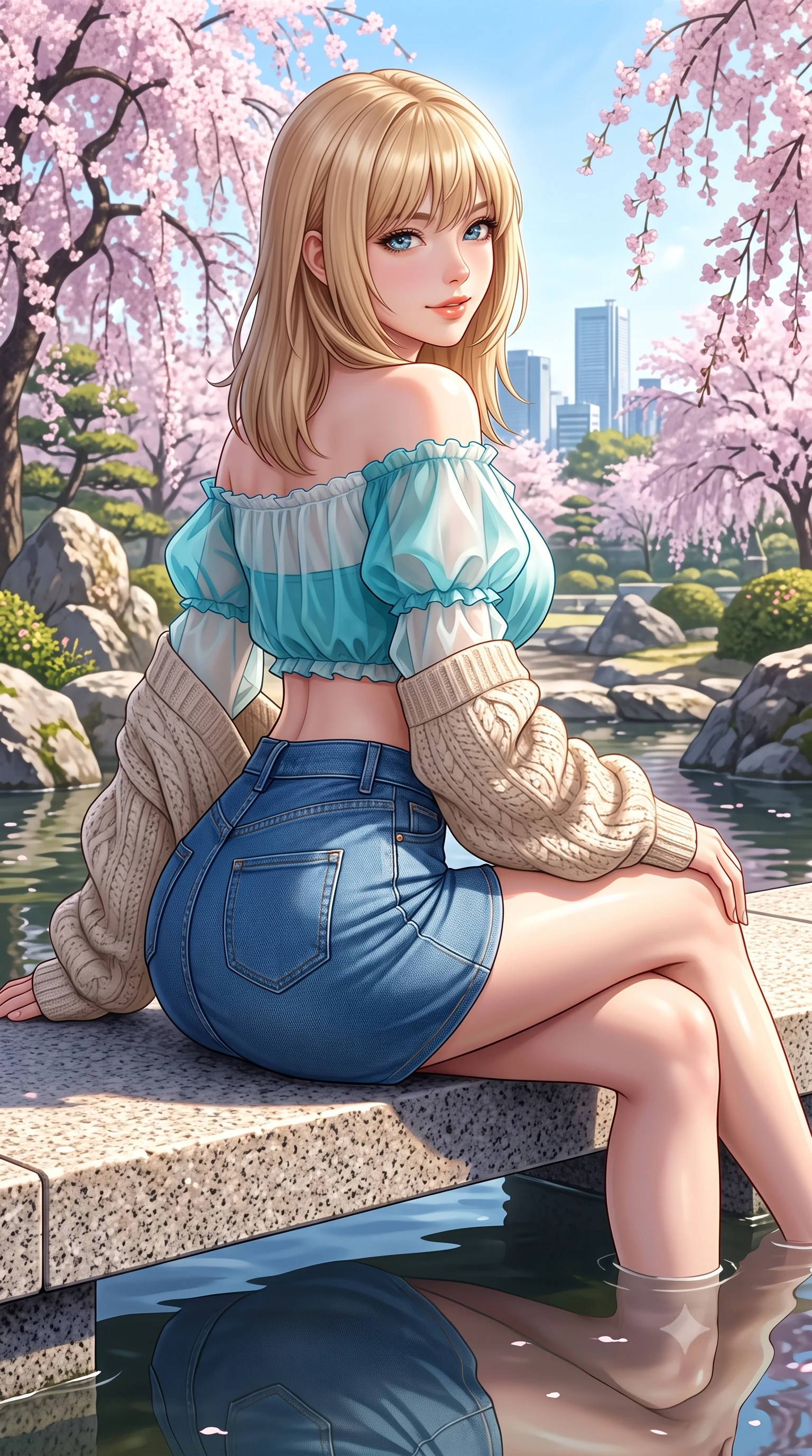 score_9, masterpiece, best quality, ultra-detailed, high-budget anime keyframe, semi-realistic 3D game render, editorial fashion photography, tasteful artistic composition, Japanese woman. close-up cowboy shot from the waist and thighs up, the character dominates the composition, filling the frame with her large presence. posing in an alluring rear three-quarter angle, turning over a bare shoulder with an intoxicating cute smile, her hips cocked back to highlight her slim hourglass curve while sitting on a sunny granite bench beside weeping sakura trees with legs crossed, her flat midriff and feminine hips highlighted by dappled light. The surrounding environment is rendered in vivid detail and crisp panoramic clarity. detailed knit top texture, soft sunlight highlights on skin, and Roppongi landscape clarity in high resolution. She has an exceptionally elegant, slender, and willowy female figure with an ultra-slim waist, flat toned midriff, narrow ribcage, and sculpted feminine hips creating an alluring, slim hourglass silhouette without bulk. sharp v-shaped jawline, high-bridge nose, intricate jewel-like sparkling eyes with depth, thick eyelashes, glossy parted lips with a natural peach sheen, bright cheerful beaming smile with an enchanting and coquettish sensual glint, exuding both youthful cute charm and seductive allure, flawlessly proportioned anatomical accuracy, strict slender model proportions, natural body alignment, perfectly sculpted long slender limbs, ultra-slim waistline, clean dynamic posture without body distortion. wearing an off-shoulder puff-sleeve crop blouse with a tight high-waisted denim A-line mini skirt emphasizing her curvy hips in ocean turquoise and sea-salt white, woven from layered gossamer organza with weightless flutter, complemented by an oversized soft knit cardigan slipping off one bare shoulder, the form-fitting cut adhering flawlessly to her sculpted flat midriff and slender torso, emphasizing her long leg lines and perfectly proportioned willowy build. illuminated by calm pond water reflections sharply defining her razor-sharp jawline, narrow waist, and curvy hips. highly saturated vibrant anime colors, detailed shading with soft gradients, rich glossy textures, high-contrast stereoscopic depth, volumetric dynamic lighting, master piece, 9:16 ratio
