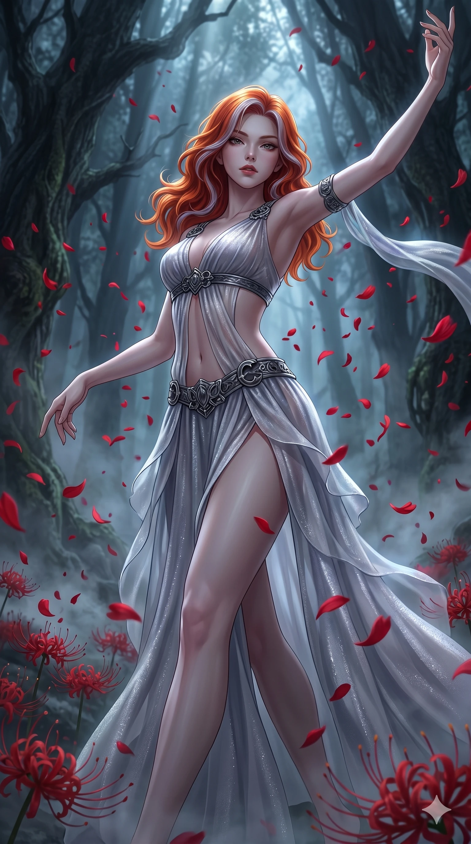 score_9, masterpiece, best quality, ultra-detailed, High-budget Anime Keyframe, East Asian woman. Low angle cowboy shot filling the entire 9:16 frame with her statuesque presence. Scenario 295: Dancing amidst falling red spider lilies in a misty dark forest. Her presence is magnetic and overpowering in this high-budget anime scene. Outfit 295: A shimmering chiffon bare with a thigh-high slit and metallic buckles. The clothing is designed to emphasize her exceptionally tall and slender 8-heads proportion. 8-heads proportion, towering silhouette, ultra-slim waist. sharp v-shaped jawline, intricate jewel-like eyes with depth, thick eyelashes, glossy lips. 2k, ultra detail, master piece, 9:16 ratio