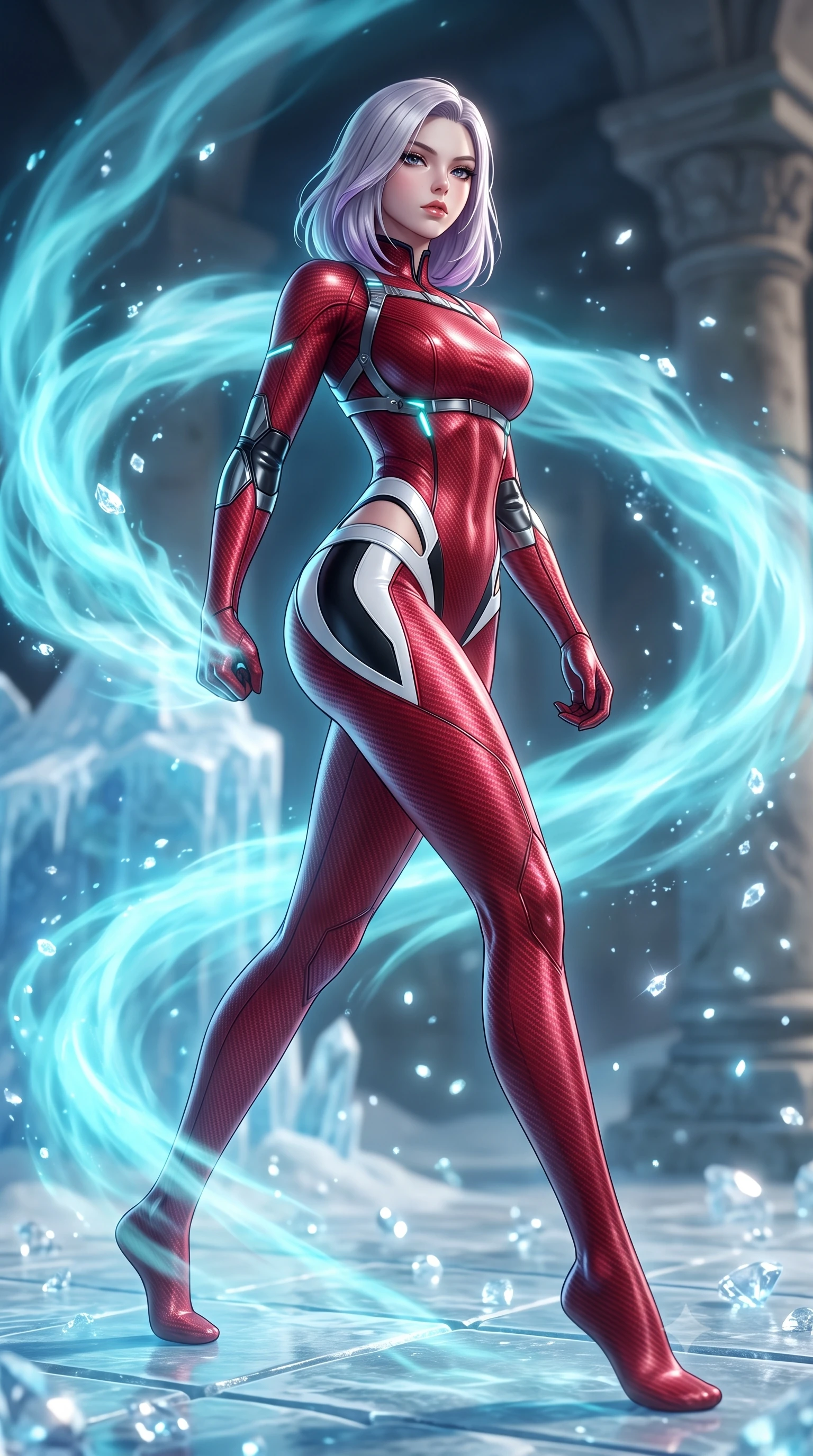 score_9, masterpiece, best quality, ultra-detailed, high-budget anime keyframe, semi-realistic 3D game render, editorial fashion photography, tasteful artistic composition, Caucasian woman. low angle full-body shot from head to toe showing her feet, filling the entire 9:16 vertical frame with her statuesque presence, stretching her vertical silhouette. striding forward with sovereign warrior elegance in a low, predatory combat advance, hips swaying with fierce athletic poise from head to toe while pivoting dynamically on ice-slicked tiles as cyan cryo-mist billows gracefully around her athletic, form-fitting armor. The composition keeps background elements in soft focus with creamy bokeh. glistening diamond ice crystals scattering bright specular light motes across a cool backdrop. She has an absolutely perfect, statuesque 8.5-heads proportion, an exceptionally tall and slender model-like female figure with impossibly long slender legs, a toned flat midriff, and an ultra-slim waist. sharp v-shaped jawline, high-bridge nose, intricate jewel-like eyes with depth, thick eyelashes, glossy lips with a natural sheen, flawlessly proportioned anatomical accuracy, strict slender model proportions, natural body alignment, perfectly sculpted long slender limbs, ultra-slim waistline, clean dynamic posture without body distortion. wearing a skin-tight crimson carbon-weave battle-suit with metallic dark chrome elbow dampers and hip-accentuating cutouts in monochrome white enamel carbon with high-contrast black panels, crafted from ultra-strong woven carbon-fiber composite with a satin luster, reinforced by a sleek titanium kinetic harness and glowing micro-energy straps, the sleek second-skin cut tightly hugging her graceful clavicle, narrow waist, and feminine curves with athletic precision. surrounded by a cool, lethal, and breathtakingly alluring frost-martial-goddess aura. rich saturated anime colors with glowing neon highlights, detailed shading with soft gradients, rich glossy textures, high-contrast stereoscopic depth, volumetric dynamic lighting, master piece, 9:16 ratio