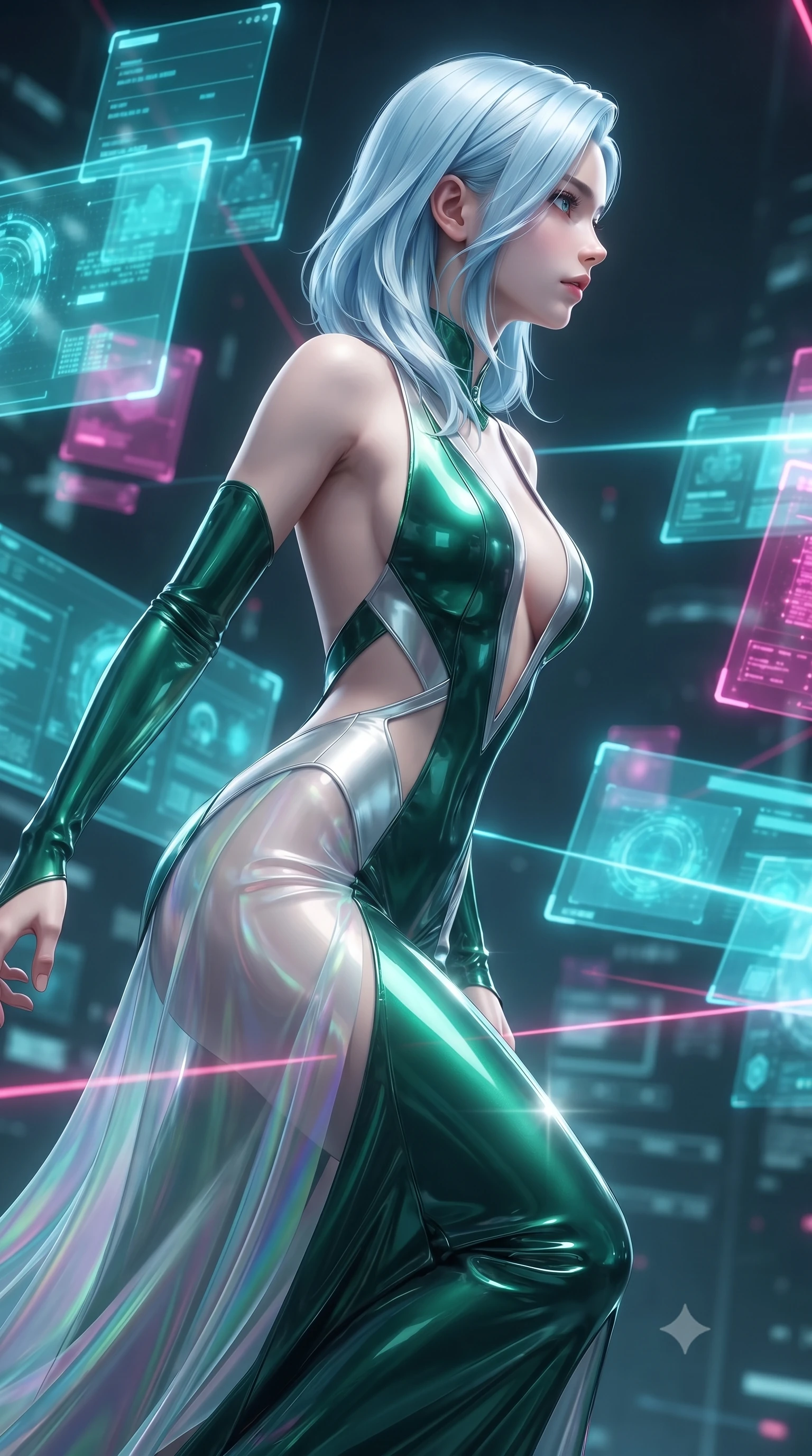 score_9, masterpiece, best quality, ultra-detailed, high-budget anime keyframe, editorial fashion photography, tasteful artistic composition, Korean woman. close-up cowboy shot from the waist and thighs up, the character dominates the composition, filling the frame with her large presence, background elements kept in soft focus. Turning her face in sharp profile while her upper body leans forward with poised athletic grace while floating dynamically in a high-tech matrix void surrounded by holographic data panels, translucent cyan and magenta holographic panels hovering dynamically around her. She has an exceptionally elegant, slender, and willowy female figure with an ultra-slim waist, a gracefully sculpted slender torso, and a refined silhouette. sharp v-shaped jawline, high-bridge nose, intricate jewel-like eyes with depth, thick eyelashes, glossy lips with a natural sheen, flawlessly proportioned anatomical accuracy, natural body alignment, perfectly sculpted elegant limbs, clean dynamic posture without body distortion. wearing a translucent iridescent chiffon gown with a plunging neckline and open back in deep emerald green and silver accent, tailored from high-gloss patent leather, featuring clean architectural cutouts along her slender torso, the glove-like fit emphasizing her statuesque silhouette during motion. illuminated by radiant holographic displays and intense laser beam highlights. ultra-reflective glossy finish, specular highlights, metallic sheen, high-contrast stereoscopic depth, volumetric dynamic lighting, 2k, ultra detail, master piece, 9:16 ratio