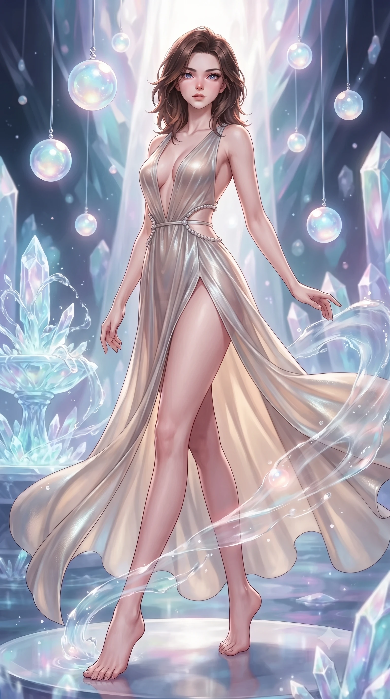 score_9, masterpiece, best quality, ultra-detailed, high-budget anime keyframe, editorial fashion photography, tasteful artistic composition, Korean woman. low angle full-body shot from head to toe showing her feet, filling the entire 9:16 vertical frame with her statuesque presence, stretching her vertical silhouette. interacting with floating opal particles, her long slender legs poised in motion, resting near a hydro-flow crystal fountain surrounded by suspended opal bioluminescent orbs, swirling ethereal water vapor carrying a soft inner glow. She has an absolutely perfect, statuesque 8.5-heads proportion, an exceptionally tall and slender model-like female figure with impossibly long slender legs and an ultra-slim waist. sharp v-shaped jawline, high-bridge nose, intricate jewel-like eyes with depth, thick eyelashes, glossy lips with a natural sheen. wearing deep plunging V-neckline champagne silk gown with daring high thigh slit in metallic silver, made of sheer opal chiffon overlay, adorned with minimalist pearl hardware framing the waistline, accentuating her gracefully sculpted slender torso. illuminated by soft opal bioluminescence and radiant pastel inner glow. highly saturated vibrant anime colors, detailed shading with soft gradients, rich glossy textures, high-contrast stereoscopic depth, volumetric dynamic lighting, master piece, 9:16 ratio