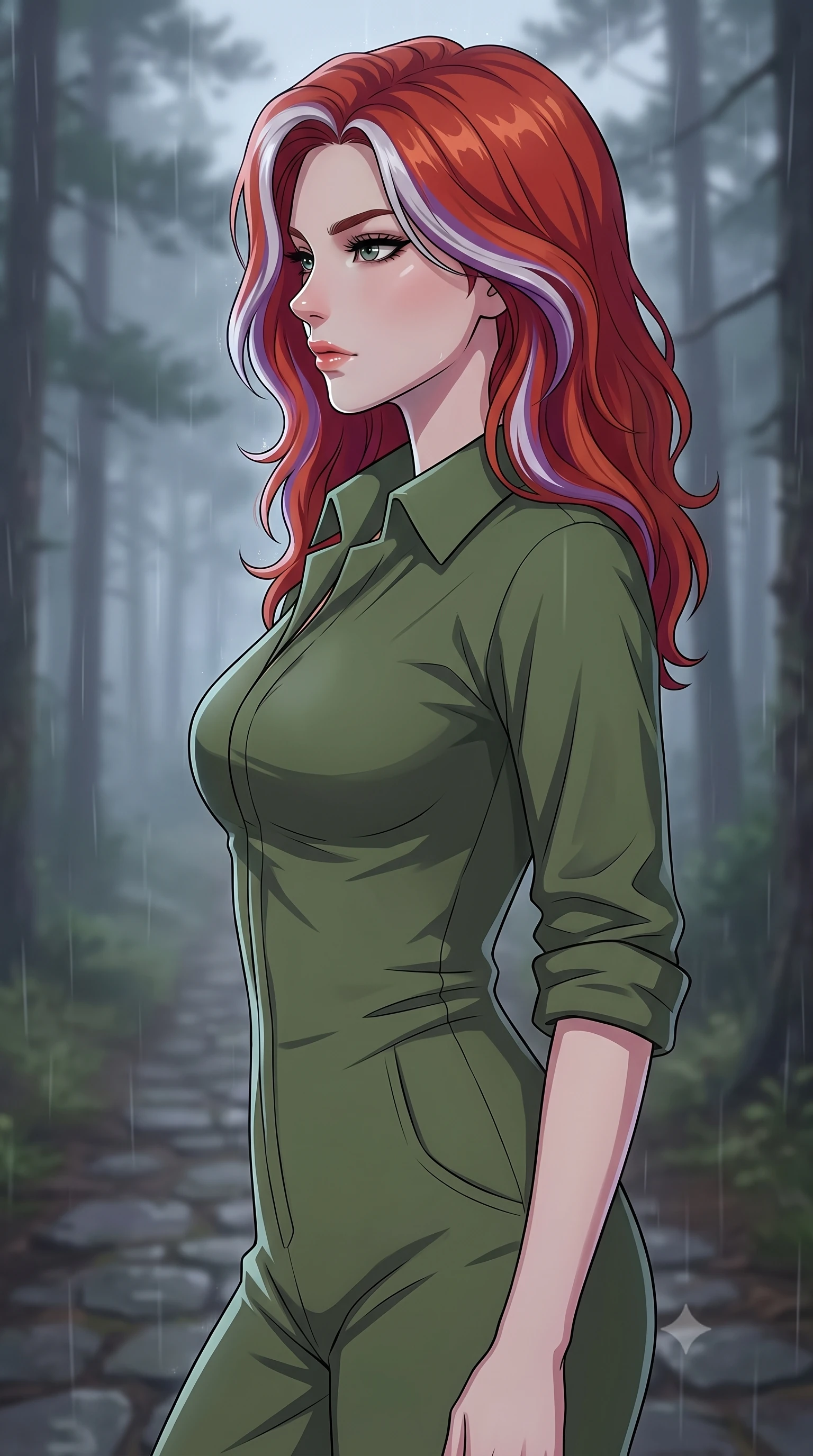 score_9, masterpiece, best quality, ultra-detailed, high-budget anime keyframe, tasteful artistic composition, Caucasian woman. close-up cowboy shot from the waist and thighs up, the character dominates the composition, filling the frame with her large presence, background elements kept in soft focus. turning her face in sharp profile, casting a cold, mysterious, yet intensely alluring side gaze, the background shows a soft-focus a secluded stone path in an old pine forest under a heavy fog and gentle rain. She has an exceptionally elegant, slender, and willowy female figure with an ultra-slim waist, a gracefully sculpted slender torso, and a refined silhouette. sharp v-shaped jawline, high-bridge nose, intricate jewel-like eyes with depth, thick eyelashes, glossy lips with a natural sheen. wearing a form-contouring comfortable olive green cotton utility jumpsuit with a structured collar and rolled-up sleeves. soft diffused twilight light tracing her jawline with a cold silver rim light. highly saturated vibrant anime colors, cel-shading, 2d style, master piece, 9:16 ratio