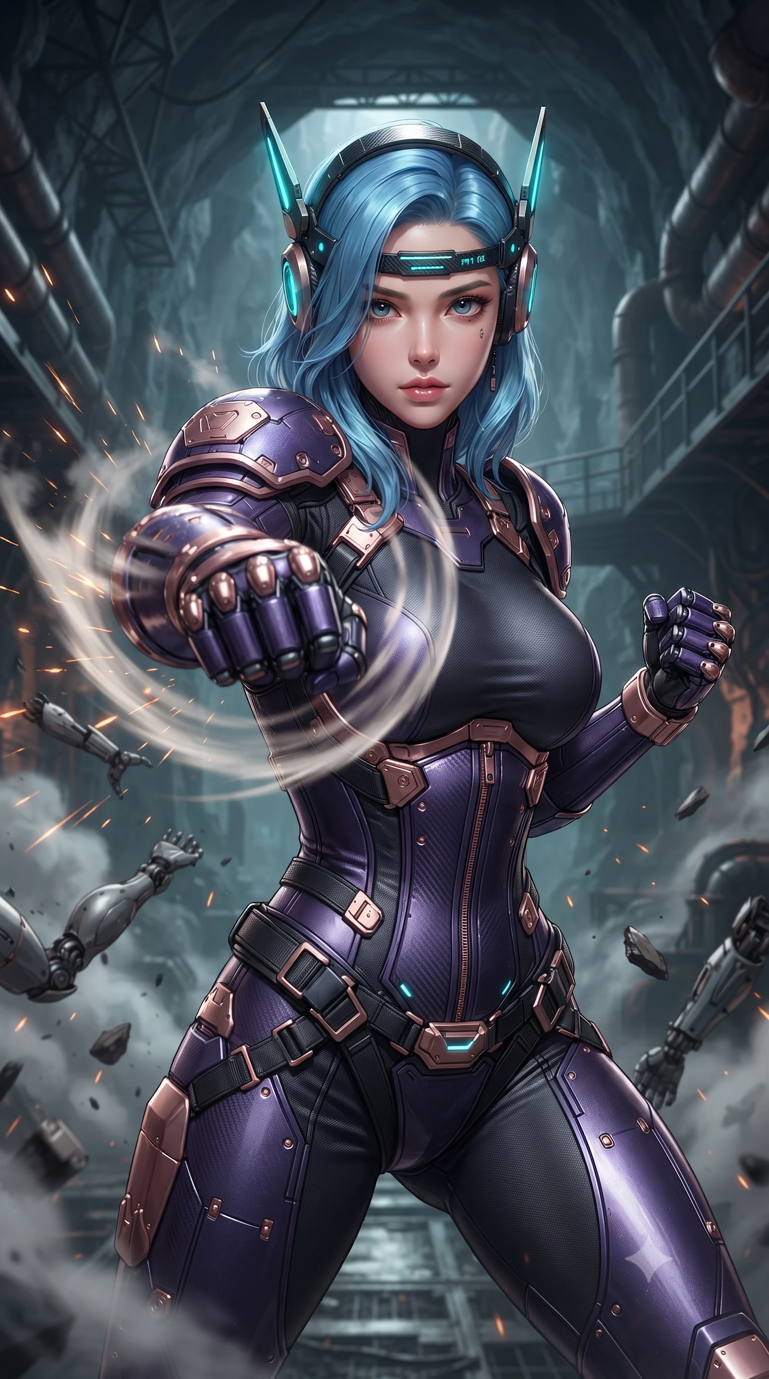 score_9, masterpiece, best quality, ultra-detailed, high-budget anime keyframe, editorial fashion photography, tasteful artistic composition, Korean woman. close-up cowboy shot from the waist and thighs up, the character dominates the composition, filling the frame with her large presence. thrusting a high-speed kinetic punch toward the camera, a visible conical shockwave distortion wrapping around her armored forearm while delivering a downward kinetic hammer fist that sends discarded mechanical limbs flying in a radial arc of sparks. The composition keeps background elements in soft focus with creamy bokeh. cavernous subterranean ceiling trusses and rising steam pipes softened in moody shallow depth of field. She has an exceptionally elegant, slender, and willowy female figure with an ultra-slim waist, a gracefully sculpted slender torso, toned flat midriff, and a refined slim silhouette. sharp v-shaped jawline, high-bridge nose, intricate jewel-like eyes with depth, thick eyelashes, glossy lips with a natural sheen, fierce and resolute heroine expression, flawlessly proportioned anatomical accuracy, strict slender model proportions, natural body alignment, perfectly sculpted long slender limbs, ultra-slim waistline, clean dynamic posture without body distortion. wearing a lightweight carbon-fiber tactical sensory headpiece with glowing cyan ear-antennae and an ultra-thin forehead HUD brow-band, paired with a statuesque high-fashion cyber-warrior armor suit with platinum bevels, heavy articulated shoulder guards, and an ultra-slim waist-cinching corset in royal purple carbon fiber with distressed rose-gold hardware and buckles, crafted from ultra-strong woven carbon-fiber composite with battle-tested satin luster, reinforced by a heavy-duty titanium tactical harness and glowing micro-energy status straps, the sleek second-skin cut tightly hugging her graceful clavicle, narrow waist, and feminine curves with athletic precision. surrounded by a gritty, dangerous, and irresistibly powerful cybernetic queen of the underworld aura. ultra-reflective glossy finish, specular highlights, dark metallic sheen, high-contrast stereoscopic depth, volumetric dynamic lighting, 2k, ultra detail, master piece, 9:16 ratio