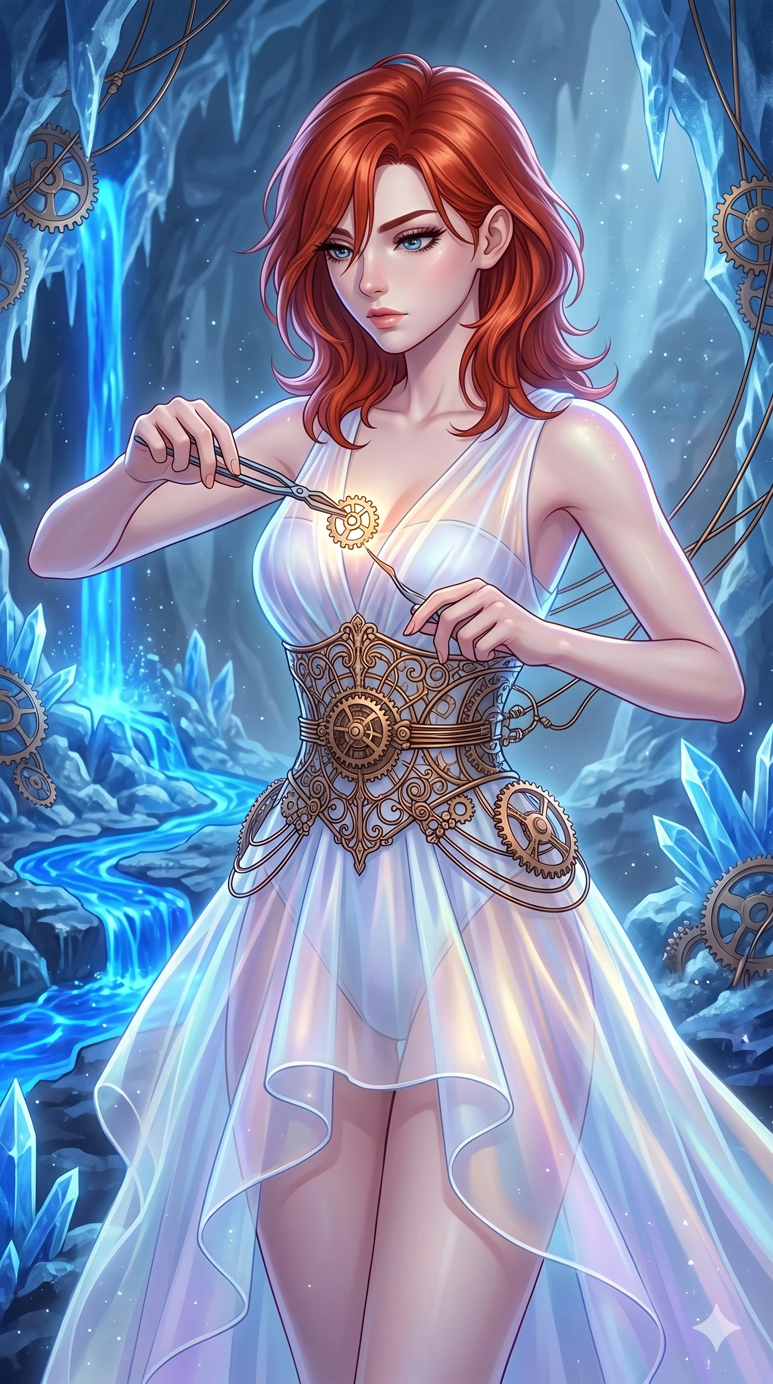 score_9, masterpiece, best quality, ultra-detailed, high-budget anime keyframe, Caucasian woman, strictly human ears. upper body close-up from the thighs up, character filling the screen for maximum presence. forging in a prismatic ice-volcano temple where glowing cobalt-blue liquid magma flows between frozen blue ash crystals. She has an absolutely perfect 8-heads proportion, an exceptionally tall and slender female figure with impossibly long slender legs and an ultra-slim waist. V-shaped jawline, high-bridge nose, intricate jewel-like eyes with depth, thick eyelashes, glossy lips with a natural sheen.. wearing a chrono-gear wire harness couture, featuring micro-bronze gear wire harness cinching her waist, over a sheer white organza dress. enhanced by a luminous pastel spectrum glow, casting elegant rim lights on her shoulders and jawline. 2k, ultra detail, master piece, 9:16 ratio