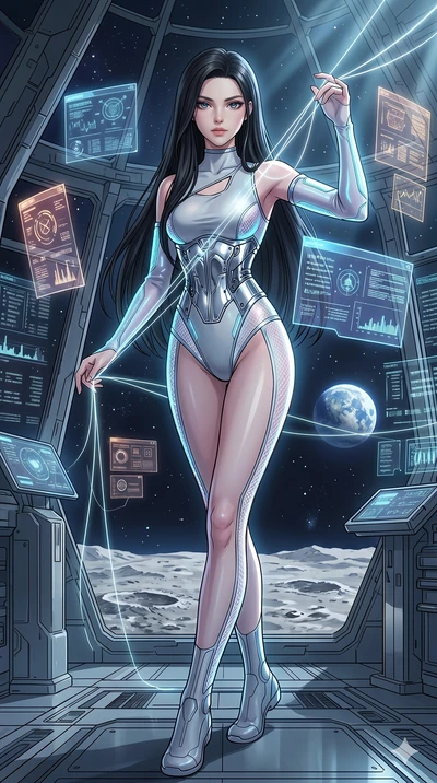 score_9, masterpiece, best quality, ultra-detailed, high-budget anime movie keyframe, cinematic anime lighting, intricate line art, Japanese anime girl. Low angle cowboy shot filling the entire 9:16 frame with her statuesque presence. weaving threads
