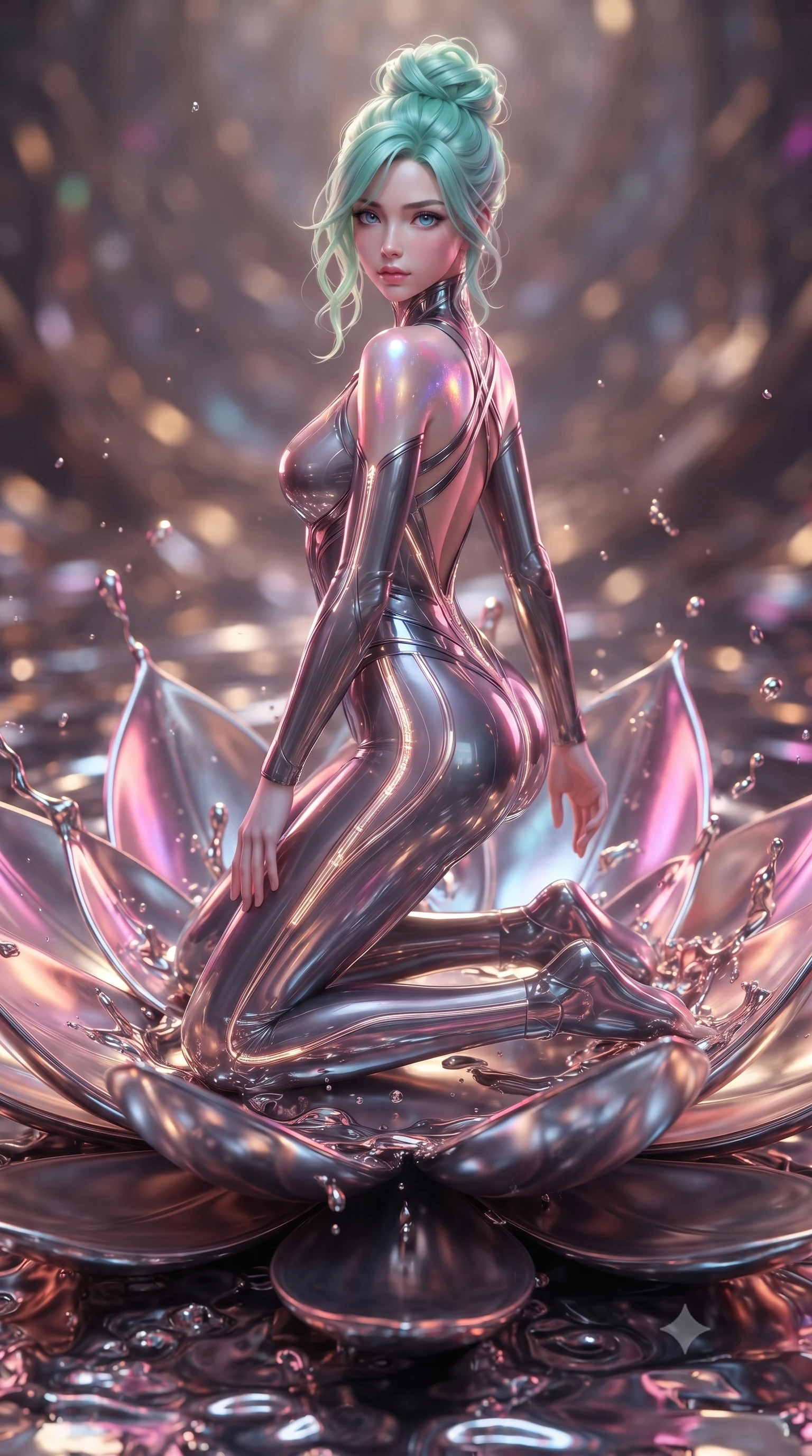 score_9, masterpiece, best quality, ultra-detailed, high-budget anime keyframe, editorial fashion photography, tasteful artistic composition, Japanese woman. low angle full-body shot from head to toe showing her feet, filling the entire 9:16 vertical frame with her statuesque presence, stretching her vertical silhouette. pivoting dynamically in mid-motion with a breathtakingly alluring posture, displaying her flawless model proportions, toned flat midriff, and ultra-slim waist while kneeling gracefully on a metallic lotus petal as ripples of liquid mercury reflect brilliant neon light across her bare shoulders. The composition keeps background elements in soft focus with creamy bokeh. molten metal splashes and light caustics scattering radiant glints across a soft-focus background. She has an absolutely perfect, statuesque 8.5-heads proportion, an exceptionally tall and slender model-like female figure with impossibly long slender legs, a toned flat midriff, and an ultra-slim waist. sharp v-shaped jawline, high-bridge nose, intricate jewel-like eyes with depth, thick eyelashes, glossy lips with a natural sheen, flawlessly proportioned anatomical accuracy, strict slender model proportions, natural body alignment, perfectly sculpted long slender limbs, ultra-slim waistline, clean dynamic posture without body distortion. wearing an ultra-sleek aerodynamic tech-jumpsuit sculpted tightly to her figure, accented with glowing fiber-optic spine lines in sculpted rose gold and luminescent champagne ivory, tailored from semi-translucent cybernetic vinyl with glowing micro-filaments, complemented by criss-cross back straps highlighting her completely bare spine, the liquid-tight tailored fabric emphasizing every curve of her tall, slender model proportions and sculptured silhouette during dynamic movement. surrounded by an opulent, mystical, and sacredly sensual android goddess ambiance. ultra-reflective glossy finish, specular highlights, dark metallic sheen, high-contrast stereoscopic depth, volumetric dynamic lighting, 2k, ultra detail, master piece, 9:16 ratio