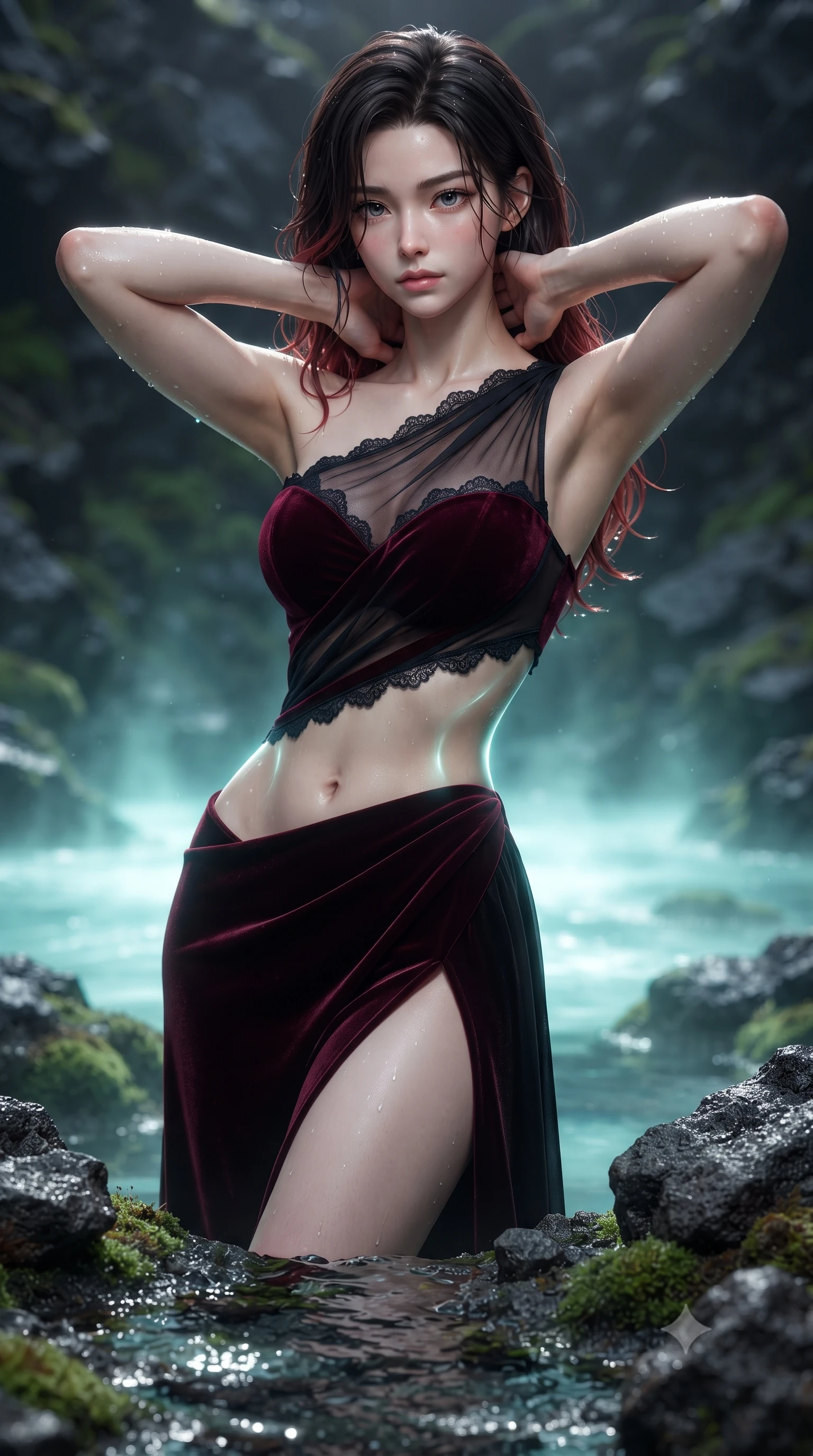 score_9, masterpiece, best quality, ultra-detailed, high-budget anime keyframe, editorial fashion photography, tasteful artistic composition, Korean woman. close-up cowboy shot from the waist and thighs up, the character dominates the composition, filling the frame with her large presence. resting both hands lightly behind her neck with elbows raised, arching her spine to highlight her narrow waist, flat midriff, and breathtaking collarbones while twisting her slender torso in an alluring S-curve, glowing underwater volcanic heat lamps tracing her narrow waist, flat midriff, and hips. The surrounding environment is rendered in vivid detail and crisp panoramic clarity: sharp volcanic basalt stone pores, green moss patches, and glistening thermal water meniscus in deep focus. She has an exceptionally elegant, slender, and willowy female figure with an ultra-slim waist, flat toned midriff, narrow ribcage, and sculpted feminine hips creating an alluring, slim hourglass silhouette without bulk. sharp v-shaped jawline, high-bridge nose, sparkling eyes with hypnotic seductive depth, thick curled eyelashes, glossy parted lips with a natural dewy peach sheen, alluring bedroom-eyes with an enchanting coquettish smile, exuding magnetic siren charisma and sophisticated glamour, flawlessly proportioned anatomical accuracy, strict slender model proportions, natural body alignment, perfectly sculpted long slender limbs, ultra-slim waistline, clean dynamic posture without body distortion. wearing an asymmetric one-shoulder liquid jersey gown with dramatic hip-high slit and sculptural waist cutout in deep bordeaux velvet and delicate black chantilly, made of sheer gossamer chiffon that drapes softly against skin with airy translucence, finished with scalloped eyelash lace trim framing her sweetheart neckline with intimate elegance, the high-slit wrap tailoring accentuating her ultra-slim waistline and the enchanting curve of her feminine hips with alluring seductive charm. bathed in surreal glowing milky-turquoise light radiating upward from geothermal pool beds. ultra-reflective glossy finish, specular highlights, rich textural contrasts, high-contrast stereoscopic depth, volumetric dynamic lighting, 2k, ultra detail, master piece, 9:16 ratio