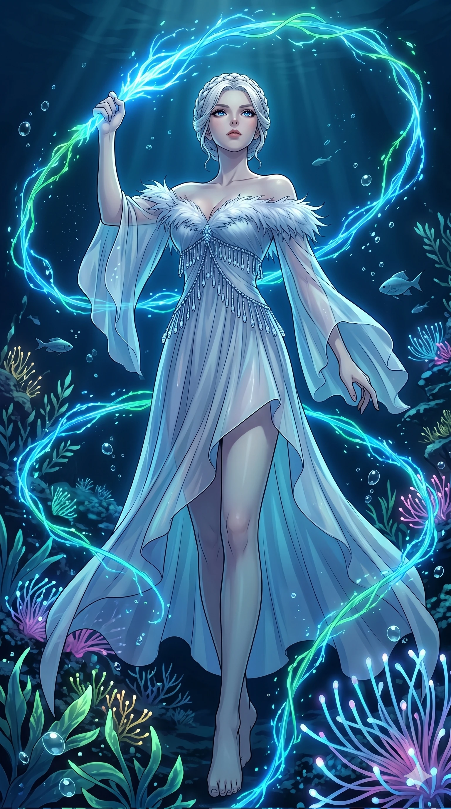score_9, masterpiece, best quality, ultra-detailed, High-budget Anime Keyframe, vibrant colors, fluid line-art, expressive lighting, cinematic composition, Ufotable-style visual effects, top-tier animation quality, Korean woman with idol-like refined features. Low angle cowboy shot filling the entire 9:16 frame with her statuesque presence, looking up to emphasize her height. Wielding a glowing vine whip that crackles with bioluminescent energy, devoid of thorns. She has an absolutely perfect 8-heads proportion, an exceptionally tall and slender female figure with impossibly long slender legs and an ultra-slim waist, her statuesque height and towering silhouette dominating the vertical 9:16 frame. Her face is a masterpiece featuring a sharp v-shaped jawline, high-bridge nose, intricate jewel-like eyes with depth, thick eyelashes, and glossy lips with a natural sheen. She is wearing a Flowing silk chiffon dress with an asymmetrical hem, feather-trimmed off-the-shoulder top, crystalline beaded fringe, and translucent flowing sleeves.. The scene is set in an underwater Eden where the plants are made of light and fiber-optics. 2k, ultra detail, master piece, 9:16 ratio
