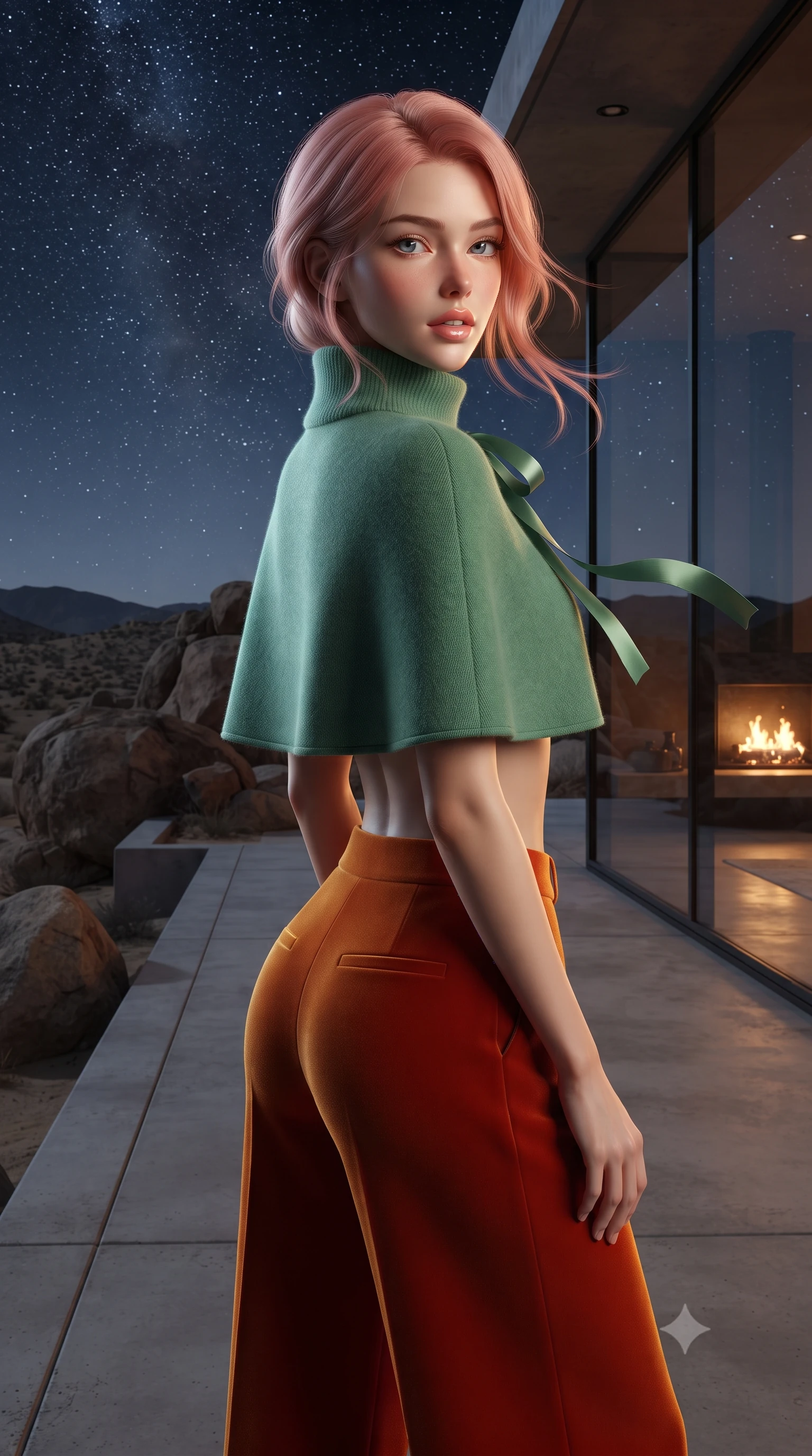 score_9, masterpiece, best quality, ultra-detailed, high-budget anime keyframe, editorial fashion photography, tasteful artistic composition, Japanese woman. close-up cowboy shot from the waist and thighs up, the character dominates the composition, filling the frame with her large presence. posing in an alluring rear three-quarter angle, looking over a bare shoulder with parted glossy lips, her hips cocked back to highlight her slim hourglass curve while twisting her slender torso in an alluring contrapposto stance on the concrete deck, starlight and interior fireplace glows tracing her flat midriff. The surrounding environment is rendered in vivid detail and crisp panoramic clarity: sharp mirrored glass reflection boundaries, rough weathered desert boulder textures, and smooth poured-concrete edges in deep focus. She has an exceptionally elegant, slender, and willowy female figure with an ultra-slim waist, flat toned midriff, narrow ribcage, and sculpted feminine hips creating an alluring, slim hourglass silhouette without bulk. sharp v-shaped jawline, high-bridge nose, intricate jewel-like sparkling eyes with depth, thick eyelashes, glossy parted lips with a natural peach sheen, bright cheerful beaming smile with an enchanting and coquettish sensual glint, exuding both youthful cute charm and seductive allure, flawlessly proportioned anatomical accuracy, strict slender model proportions, natural body alignment, perfectly sculpted long slender limbs, ultra-slim waistline, clean dynamic posture without body distortion. wearing a bespoke high-neck cashmere knit cape coat paired with tailored wide-leg wool trousers in Tanjong Pagar Peranakan jade green and gilded vermilion, tailored from ultra-plush silk velvet with rich tactile depth and deep shadow gradients, finished with satin ribbon ties at the shoulders fluttering in the gentle breeze, the impeccably tailored cut draping gracefully along her slender figure with aristocratic poise. bathed in the brilliant silver starlight of the unpolluted Mojave sky contrasted with warm 2200K interior fireplace glows. ultra-reflective glossy finish, specular highlights, rich textural contrasts, high-contrast stereoscopic depth, volumetric dynamic lighting, 2k, ultra detail, master piece, 9:16 ratio