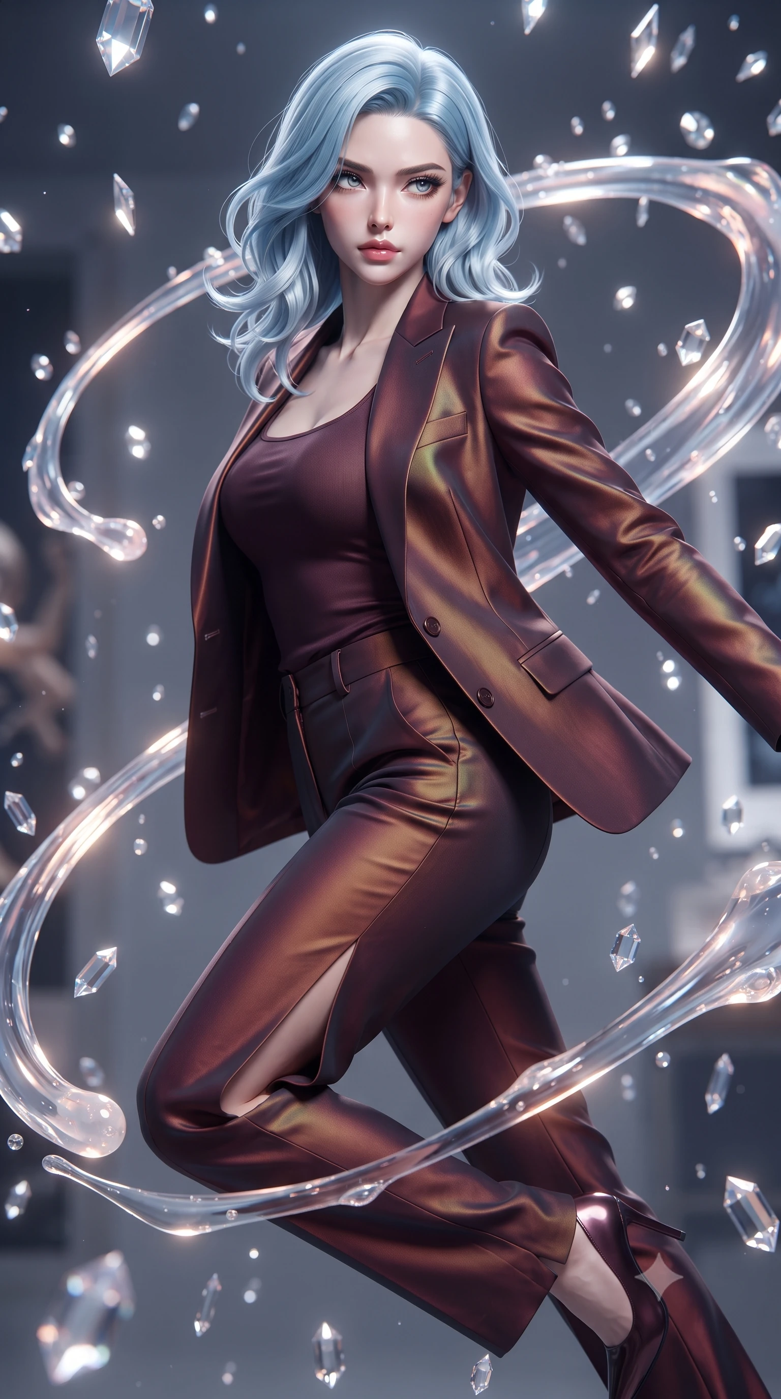 score_9, masterpiece, best quality, ultra-detailed, high-budget anime keyframe, editorial fashion photography, tasteful artistic composition, Korean woman. close-up cowboy shot from the waist and thighs up, the character dominates the composition, filling the frame with her large presence, background elements kept in soft focus. Pivoting sharply while looking back over her shoulder with heavy lashes and a confident, intense gaze while leaping gracefully through mid-air inside a zero-gravity void filled with floating crystal prisms, viscous opal liquid trails swirling around her silhouette in fluid zero-gravity arcs. She has an exceptionally elegant, slender, and willowy female figure with an ultra-slim waist, a gracefully sculpted slender torso, and a refined silhouette. sharp v-shaped jawline, high-bridge nose, intricate jewel-like eyes with depth, thick eyelashes, glossy lips with a natural sheen, flawlessly proportioned anatomical accuracy, natural body alignment, perfectly sculpted elegant limbs, clean dynamic posture without body distortion. wearing a tailored silk blazer over a form-contouring scoop-neck top and slacks in deep burgundy and bronze, crafted from iridescent chiffon that shifts colors in the light, finished with a sleek side slit ascending to mid-thigh, the sleek second-skin texture accentuating her magnetic presence. illuminated by high-contrast studio spotlights with ultra-bright specular highlights. ultra-reflective glossy finish, specular highlights, metallic sheen, high-contrast stereoscopic depth, volumetric dynamic lighting, 2k, ultra detail, master piece, 9:16 ratio