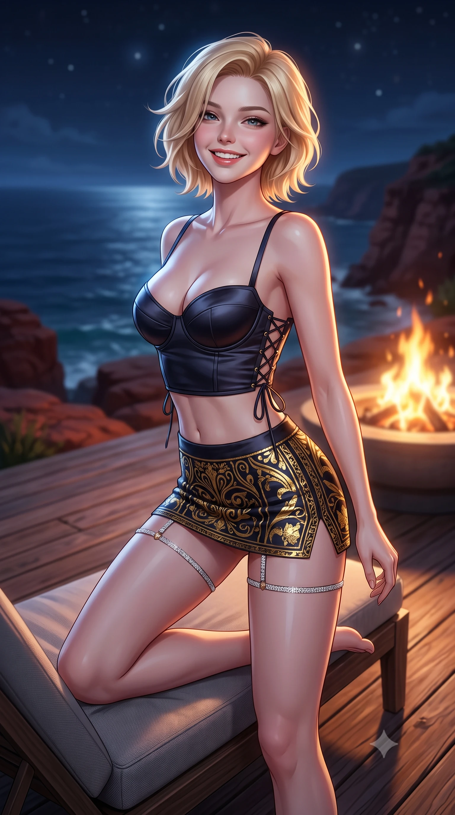 score_9, masterpiece, best quality, ultra-detailed, high-budget anime keyframe, semi-realistic 3D game render, editorial fashion photography, tasteful artistic composition, Caucasian woman. close-up cowboy shot from the waist and thighs up, the character dominates the composition, filling the frame with her large presence. perched sideways on the lounge seat, one knee drawn up to showcase her slender leg line while her arched back accentuates her feminine hip curve while standing poised on the weathered teak deck at the edge of the wild red sandstone cliff, arching her spine with high-fashion ease as nocturnal ocean winds whip her gown. The background shows a soft-focus dancing fire pit flames softened in dramatic coastal aerie shallow focus. She has an exceptionally elegant, slender, and willowy female figure with an ultra-slim waist, flat toned midriff, narrow ribcage, and sculpted feminine hips creating an alluring, slim hourglass silhouette without bulk. sharp v-shaped jawline, high-bridge nose, intricate jewel-like sparkling eyes with depth, thick eyelashes, glossy parted lips with a natural peach sheen, bright cheerful beaming smile with an enchanting and coquettish sensual glint, exuding both youthful cute charm and seductive allure, flawlessly proportioned anatomical accuracy, strict slender model proportions, natural body alignment, perfectly sculpted long slender limbs, ultra-slim waistline, clean dynamic posture without body distortion. wearing a sculpted satin underwire crop bustier with lace-up side ties paired with a micro skirt in Viennese golden secession noir and imperial 24k gold leaf, made of fluid liquid jersey with seamless sculpting hold and smooth contours, finished with delicate crystal-encrusted thigh garter straps glinting in the dim light, the bespoke structured tailoring following the natural line of her 8.5-heads silhouette with refined elegance. bathed in the warm radiant 2100K hearth glow of the outdoor fire bowl mixed with cool Atlantic starlight and moonlight. highly saturated vibrant anime colors, detailed shading with soft gradients, rich glossy textures, high-contrast stereoscopic depth, volumetric dynamic lighting, master piece, 9:16 ratio