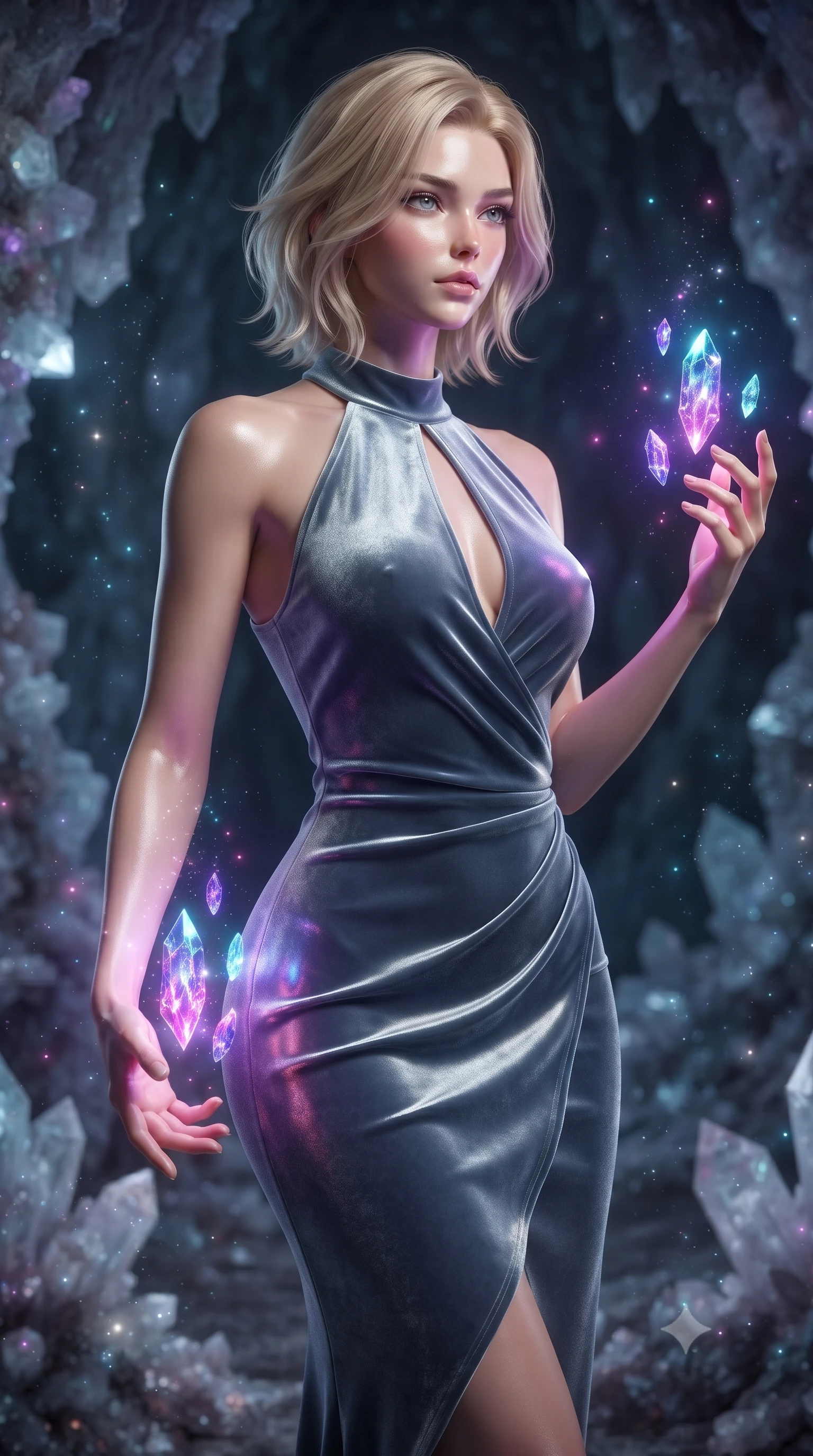 score_9, masterpiece, best quality, ultra-detailed, high-budget anime keyframe, editorial fashion photography, tasteful artistic composition, Caucasian woman. close-up cowboy shot from the waist and thighs up, the character dominates the composition, filling the frame with her large presence, background elements kept in soft focus. Gazing past the camera with an air of effortless elegance and mysterious confidence guiding floating sapphire light crystals inside a deep mineral sanctuary, glowing mineral dust shimmering like stars in the quiet cavern air. She has an exceptionally elegant, slender, and willowy female figure with an ultra-slim waist, a gracefully sculpted slender torso, and a refined silhouette. sharp v-shaped jawline, high-bridge nose, intricate jewel-like eyes with depth, thick eyelashes, glossy lips with a natural sheen. wearing a velvet halter-neck midi dress following her form like a glove in slate blue and metallic silver, crafted from lustrous satin jersey with fluid draping, accented with a Tasteful chest slit framing her clavicle gracefully, the elegant draped fit framing her graceful clavicle and slender torso. illuminated by radiant purple, magenta, and cyan crystal inner glow. ultra-reflective glossy finish, specular highlights, metallic sheen, high-contrast stereoscopic depth, volumetric dynamic lighting, 2k, ultra detail, master piece, 9:16 ratio