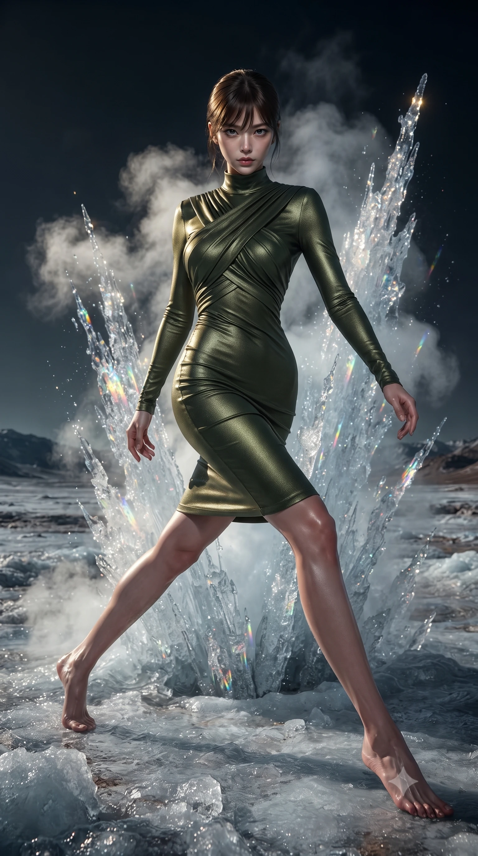 score_9, masterpiece, best quality, ultra-detailed, high-budget anime keyframe, editorial fashion photography, tasteful artistic composition, realistic cosplay photography, Korean woman. low angle full-body shot from head to toe showing her feet, filling the entire 9:16 vertical frame with her statuesque presence, stretching her vertical silhouette. lunging forward with a piercing thrust, her entire silhouette stretched in action through a geothermal ice geyser erupting high-velocity columns of ice crystals and freezing steam on an alien tundra. She has a statuesque 8.5-heads proportion, an exceptionally tall, slender and willowy model-like build with impossibly long legs and a highly sculpted ultra-slim waist. sharp v-shaped jawline, high-bridge nose, intricate jewel-like eyes with depth, thick eyelashes, glossy lips with a natural sheen. wearing catching and diffusing the glowing particles, shimmering softly in response to the surrounding light, a slim-fit long-sleeve bodycon dress in olive green, featuring a sophisticated cross-draped bodice and mock neck. dramatic chiaroscuro with a single golden key light sculpting her silhouette. ultra-reflective glossy finish, specular highlights, metallic sheen, high-contrast stereoscopic depth, volumetric dynamic lighting, 2k, ultra detail, master piece, 9:16 ratio
