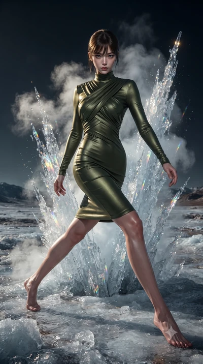 score_9, masterpiece, best quality, ultra-detailed, high-budget anime keyframe, editorial fashion photography, tasteful artistic composition, realistic cosplay photography, Korean woman. low angle full-body shot from head to toe showing her feet, fil
