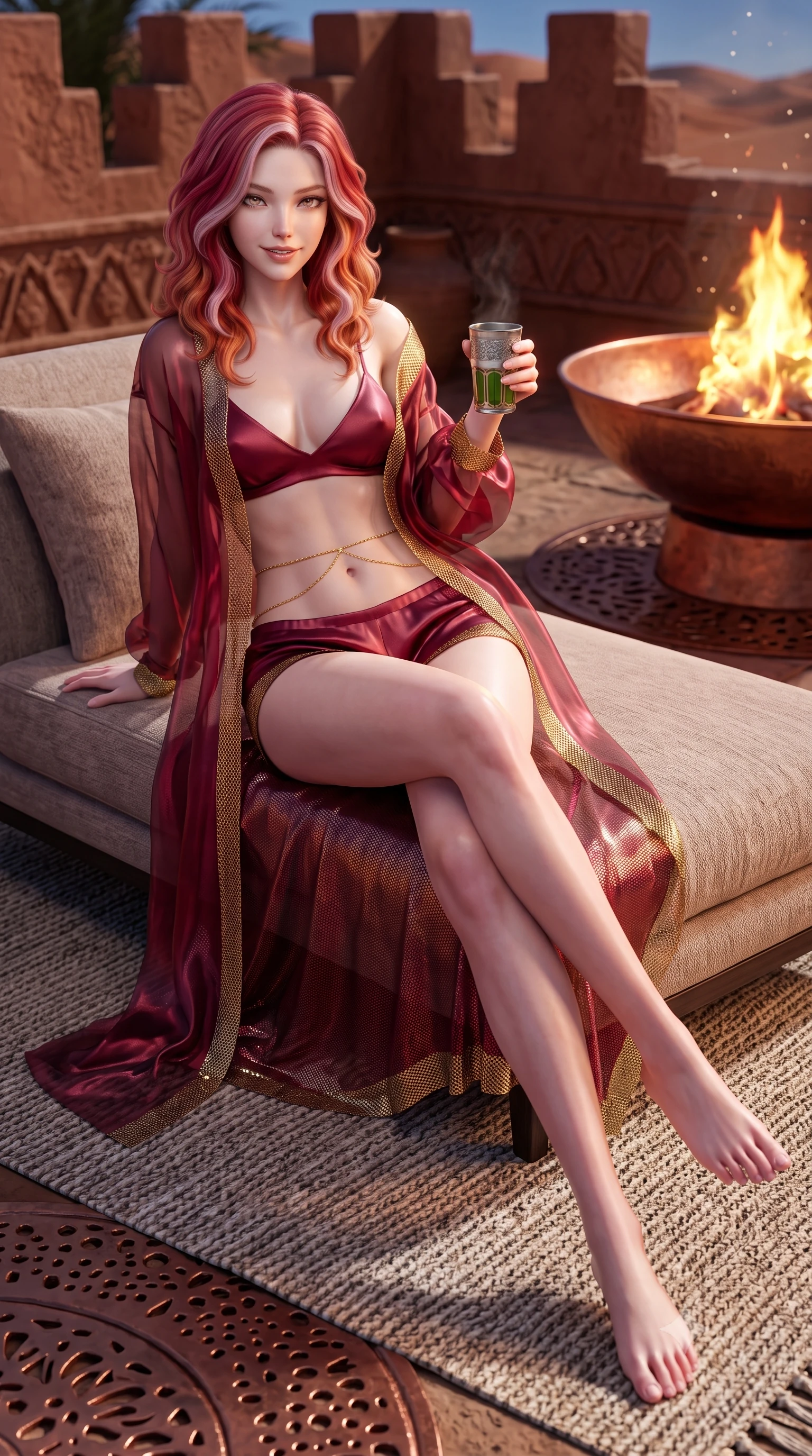 score_9, masterpiece, best quality, ultra-detailed, high-budget anime keyframe, semi-realistic 3D game render, editorial fashion photography, tasteful artistic composition, Caucasian woman. low angle full-body shot from head to toe showing her feet, filling the entire 9:16 vertical frame with her statuesque presence, stretching her vertical silhouette. reclining gracefully across the plush chaise lounge with one leg extended, her sculpted silhouette and flat midriff radiating magnetic nocturnal glamour while sitting perched on the edge of the carpeted lounge with legs extended, holding a silver mint tea glass with a captivating seductive smile. The surrounding environment is rendered in vivid detail and crisp panoramic clarity: sharp handwoven Berber rug textures, pierced copper fire pit engravings, and terracotta parapet relief in deep focus. She has an absolutely perfect, statuesque 8.5-heads proportion, an exceptionally tall and slender model-like female figure with impossibly long slender legs, an ultra-slim waist, a flat toned midriff, narrow delicate ribcage, and beautifully sculpted feminine hips creating a graceful, slim hourglass silhouette without any bulky heaviness. sharp v-shaped jawline, high-bridge nose, sparkling eyes with hypnotic seductive depth, thick curled eyelashes, glossy parted lips with a natural dewy peach sheen, alluring bedroom-eyes with an enchanting coquettish smile, exuding magnetic siren charisma and sophisticated glamour, flawlessly proportioned anatomical accuracy, strict slender model proportions, natural body alignment, perfectly sculpted long slender limbs, ultra-slim waistline, clean dynamic posture without body distortion. wearing a sheer silk organza modern caftan robe worn loose and slipping off bare shoulders over a matching satin bralette and micro-shorts in Vienna imperial bordeaux and Habsburg gold, crafted from shimmering fluid chainmail mesh reflecting ambient lights, accented with a dainty gold belly chain resting across her flat midriff and curving hips, the form-contouring silhouette accentuating her sculpted flat midriff, narrow delicate ribcage, and gracefully curvy hips with intoxicating allure. bathed in the warm, dynamic golden-crimson flicker of the outdoor copper fire bowl mixed with pure silver celestial starlight. highly saturated vibrant anime colors, detailed shading with soft gradients, rich glossy textures, high-contrast stereoscopic depth, volumetric dynamic lighting, master piece, 9:16 ratio