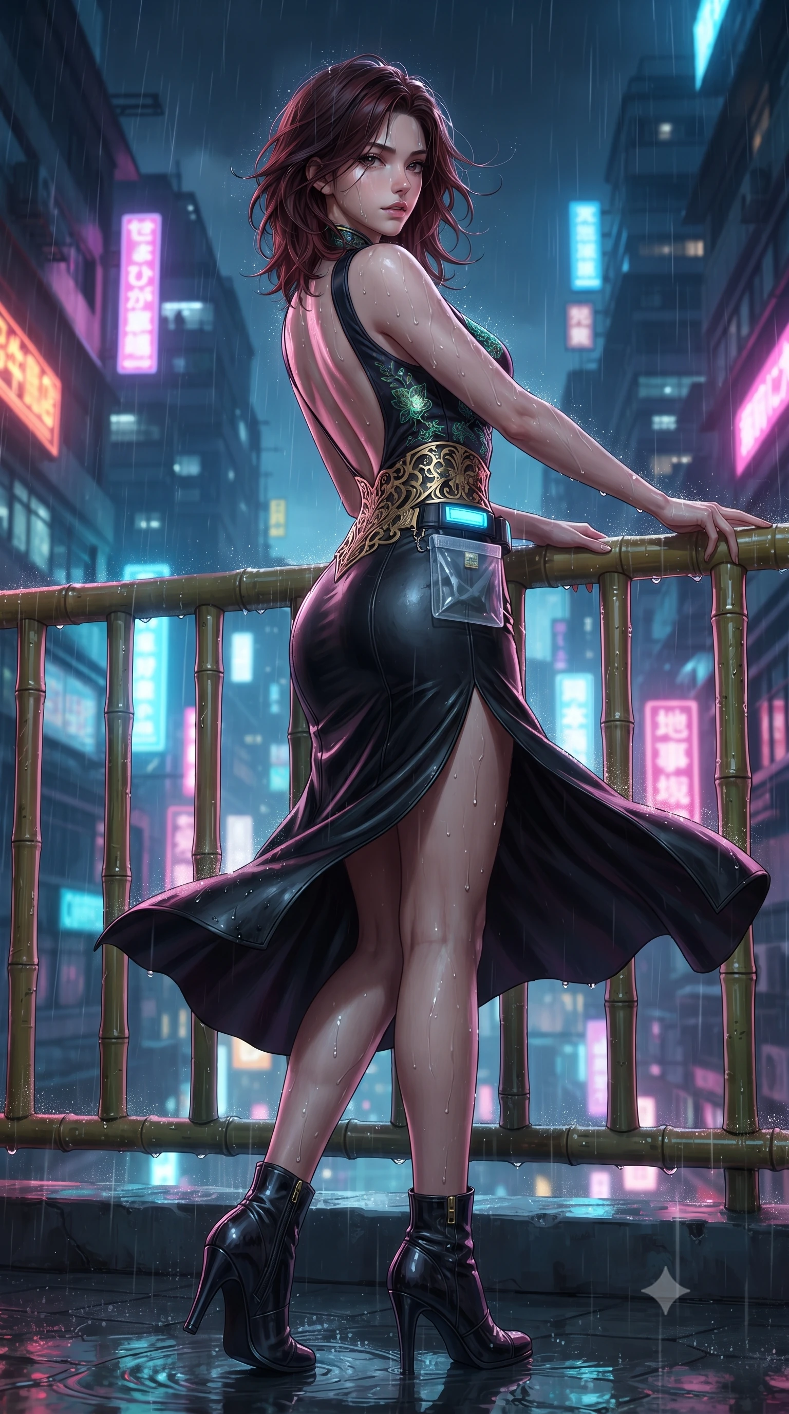 score_9, masterpiece, best quality, ultra-detailed, high-budget anime keyframe, editorial fashion photography, tasteful artistic composition, Korean woman. low angle full-body shot from head to toe showing her feet, filling the entire 9:16 vertical frame with her statuesque presence, stretching her vertical silhouette. executing an elegant mid-motion pivot turn as garments swirl around her slender limbs, glancing over her shoulder with an intoxicating bedroom-gaze while leaning deep against a rain-slicked rooftop bamboo railing with hips cocked back, looking over her shoulder as neon reflections wash over her curvy silhouette. The surrounding environment is rendered in vivid detail and crisp panoramic clarity. detailed embroidered silk qipao fabric sheen, raindrops on skin, and cyberpunk cityscape in high clarity. She has an absolutely perfect, statuesque 8.5-heads proportion, an exceptionally tall and slender model-like female figure with impossibly long slender legs, a toned flat midriff, an ultra-slim waist, and beautifully sculpted feminine hips. sharp v-shaped jawline, high-bridge nose, intricate jewel-like eyes with depth, thick eyelashes, glossy parted lips with a natural sheen, intensely captivating and seductive bedroom-eyes expression, flawlessly proportioned anatomical accuracy, strict slender model proportions, natural body alignment, perfectly sculpted long slender limbs, ultra-slim waistline, clean dynamic posture without body distortion. wearing a sleek obsidian column dress with gold filigree hip cincher and plunging backline in jade green and dark obsidian, crafted from supple second-skin lambskin leather with liquid drape, finished with a neon LED belt buckle and translucent vinyl tool pouch, the second-skin form-contouring cut accentuating her sculpted flat midriff, narrow waistline, and dramatically curvy hips without adding bulk. illuminated by wet specular asphalt bounce lights sharply sculpting her narrow waist and rounded hips. ultra-reflective glossy finish, specular highlights, rich textural contrasts, high-contrast stereoscopic depth, volumetric dynamic lighting, 2k, ultra detail, master piece, 9:16 ratio