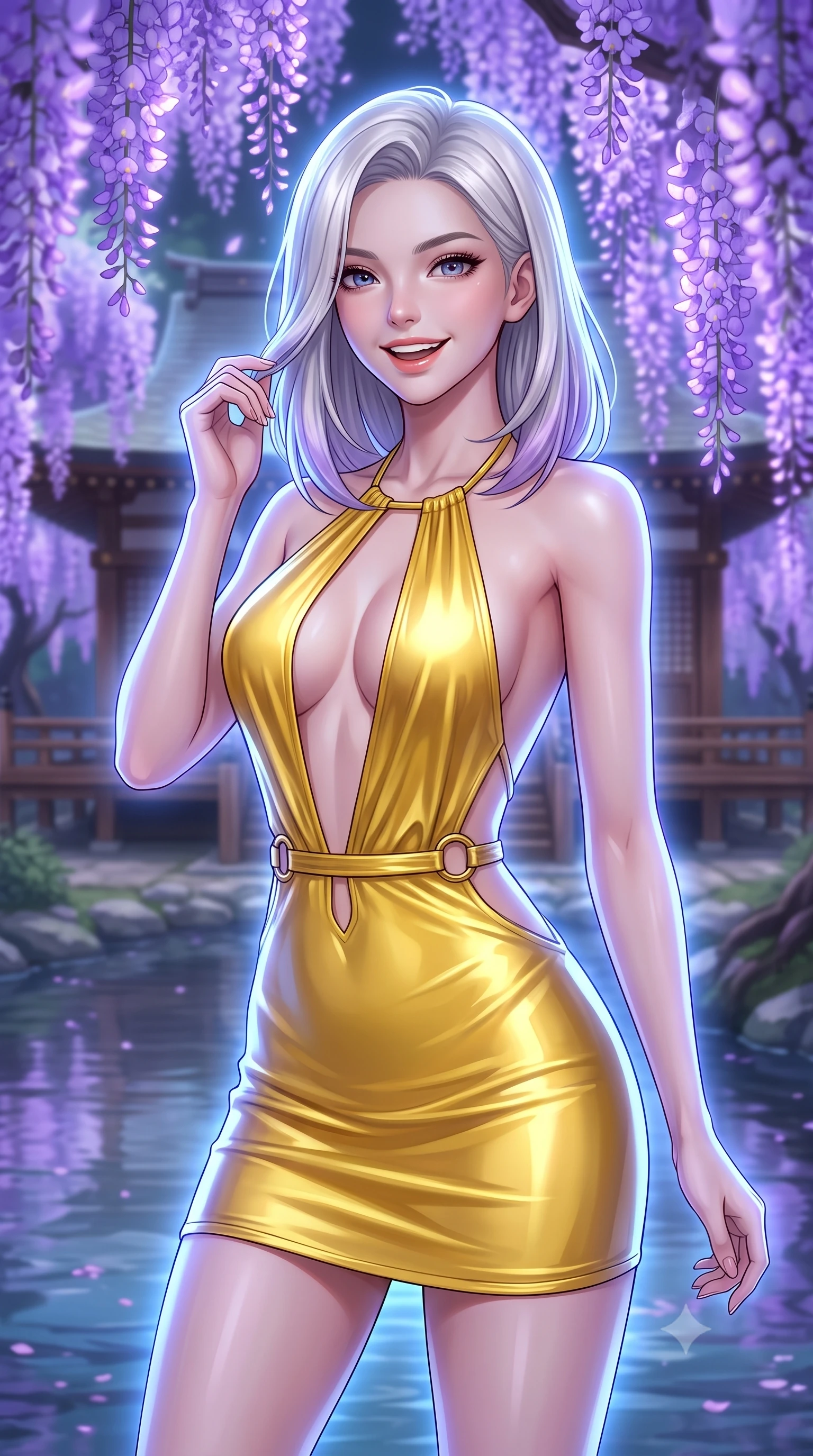 score_9, masterpiece, best quality, ultra-detailed, high-budget anime keyframe, editorial fashion photography, tasteful artistic composition, Caucasian woman, strictly human ears. close-up cowboy shot from the waist and thighs up, the character dominates the composition, filling the frame with her large presence, background elements kept in soft focus. Casting a bright, energetic glance toward the camera with a cheerful grin. set against a soft-focus background of in a traditional wooden shrine courtyard surrounded by giant wisteria trees with glowing purple flowers hanging over a calm, reflecting river. She has an exceptionally elegant, slender, and willowy female figure with a highly-defined ultra-slim waist, a gracefully sculpted slender torso, and a refined slim-fit silhouette that contours her form. sharp v-shaped jawline, high-bridge nose, intricate jewel-like eyes with depth, thick eyelashes, glossy lips with a natural sheen. wearing a backless halter mini dress in liquid yellow gold, featuring a plunging front cutout and gold waist rings. cool ethereal blue-violet bioluminescent glow wrapping around her from all sides. 2k, ultra detail, master piece, 9:16 ratio