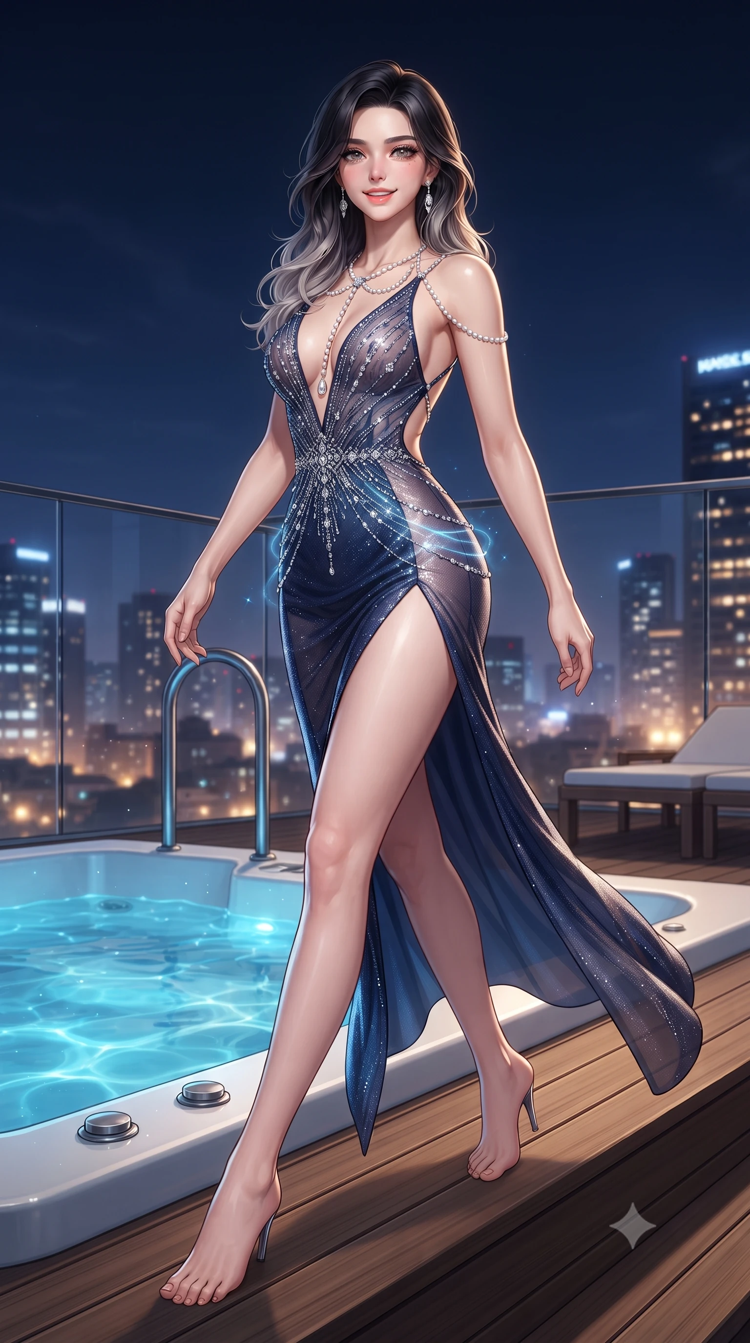 score_9, masterpiece, best quality, ultra-detailed, high-budget anime keyframe, editorial fashion photography, tasteful artistic composition, Korean woman. low angle full-body shot from head to toe showing her feet, filling the entire 9:16 vertical frame with her statuesque presence, stretching her vertical silhouette. stepping forward in a confident stride, her long slender legs and curvaceous hips creating a dynamic, sweeping vertical line while twisting her slender torso in an alluring S-curve, glowing blue jacuzzi water caustics wrapping around her narrow waist and curvy hips. The surrounding environment is rendered in vivid detail and crisp panoramic clarity: sharp teak boardwalk grain, clear glass balustrade edge bevels, and stainless steel jacuzzi fittings in deep focus. She has an exceptionally tall and slender model-like 8.5-heads proportion, an ultra-slim waist, a flat toned midriff, narrow delicate ribcage, and beautifully sculpted feminine hips creating a graceful, slim hourglass silhouette without any bulky heaviness, with impossibly long slender legs. sharp v-shaped jawline, high-bridge nose, intricate jewel-like sparkling eyes with depth, thick eyelashes, glossy parted lips with a natural peach sheen, bright cheerful beaming smile with an enchanting and coquettish sensual glint, exuding both youthful cute charm and seductive allure, flawlessly proportioned anatomical accuracy, strict slender model proportions, natural body alignment, perfectly sculpted long slender limbs, ultra-slim waistline, clean dynamic posture without body distortion. wearing a plunge-front sheer mesh cocktail gown with delicate crystal beading and an ultra-daring hip-high leg slit in moonlit Grand Canal sapphire navy and liquid platinum, woven from stretch metallic lurex jersey casting radiant starlight glints across her curves, accented with a pearl-drop body harness subtly framing her dewy collarbones and spine, the precision-cut side openings and low-back scoop framing her graceful spine and the sensual sweep of her slim, toned hips. bathed in underwater jacuzzi cyan LEDs contrasted with warm golden city lights and deep navy sky fill. ultra-reflective glossy finish, specular highlights, rich textural contrasts, high-contrast stereoscopic depth, volumetric dynamic lighting, 2k, ultra detail, master piece, 9:16 ratio